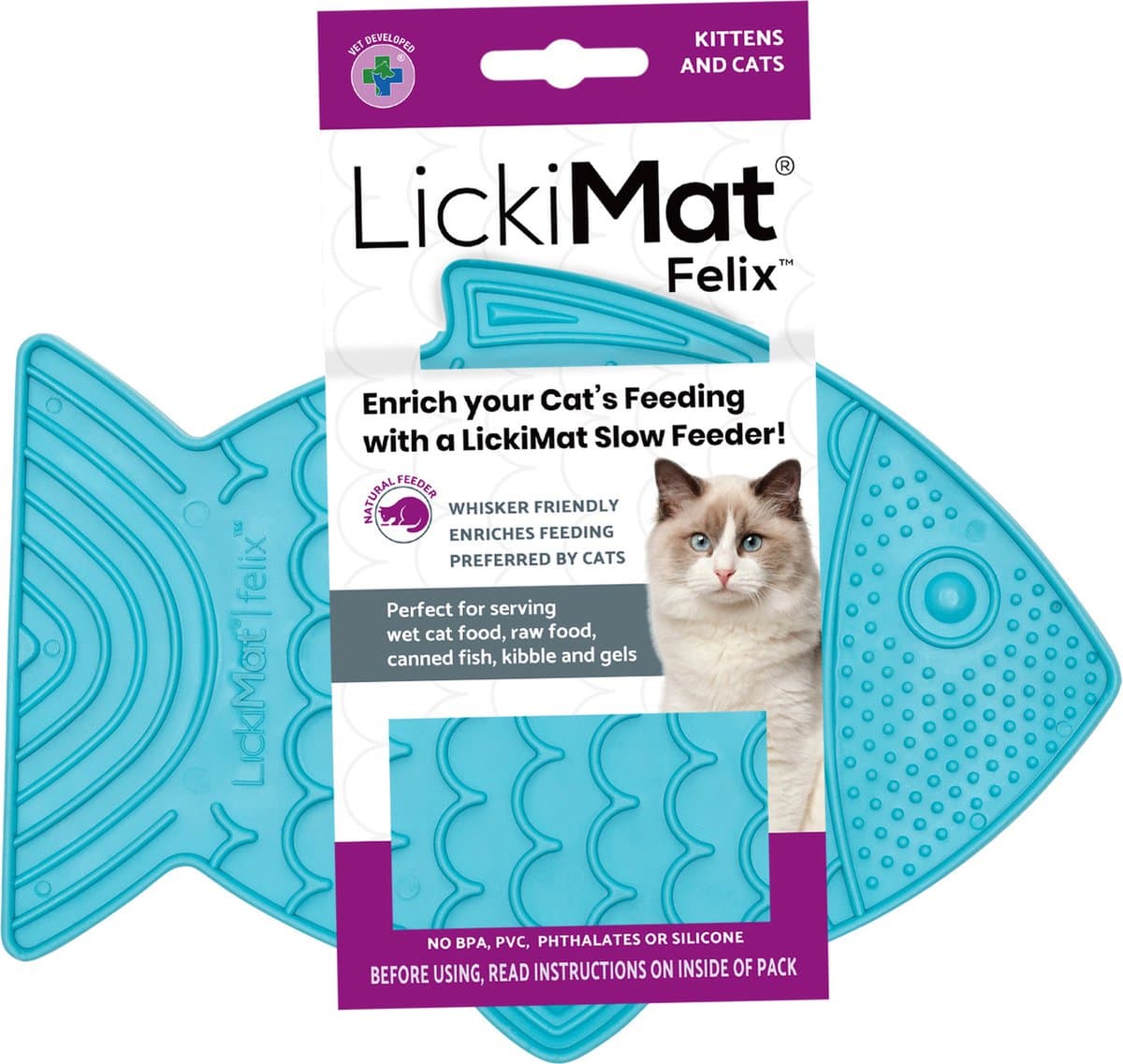 Lickimat Felix - Slowfeeder Voor De Kat - Tegen Schrokken - Kattenvoerbak - 22x16 cm Turquoise