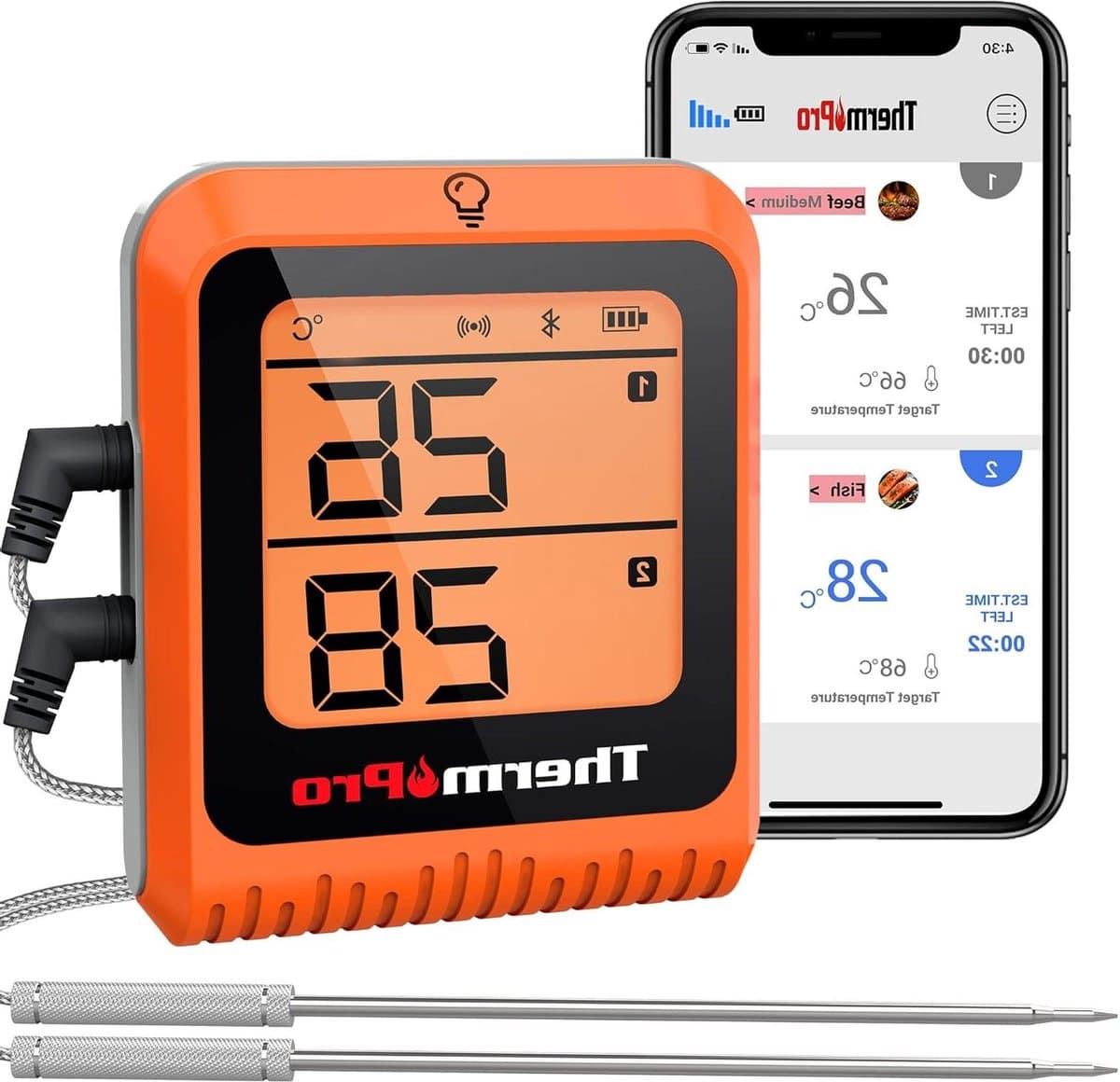 Vleesthermometer Draadloze Bluetooth-thermometer voor barbecue en vlees - bereik van 150 m - oplaadbaar - slimme app - twee temperatuursondes - koken grillen oven - roker kalkoen rundvlees