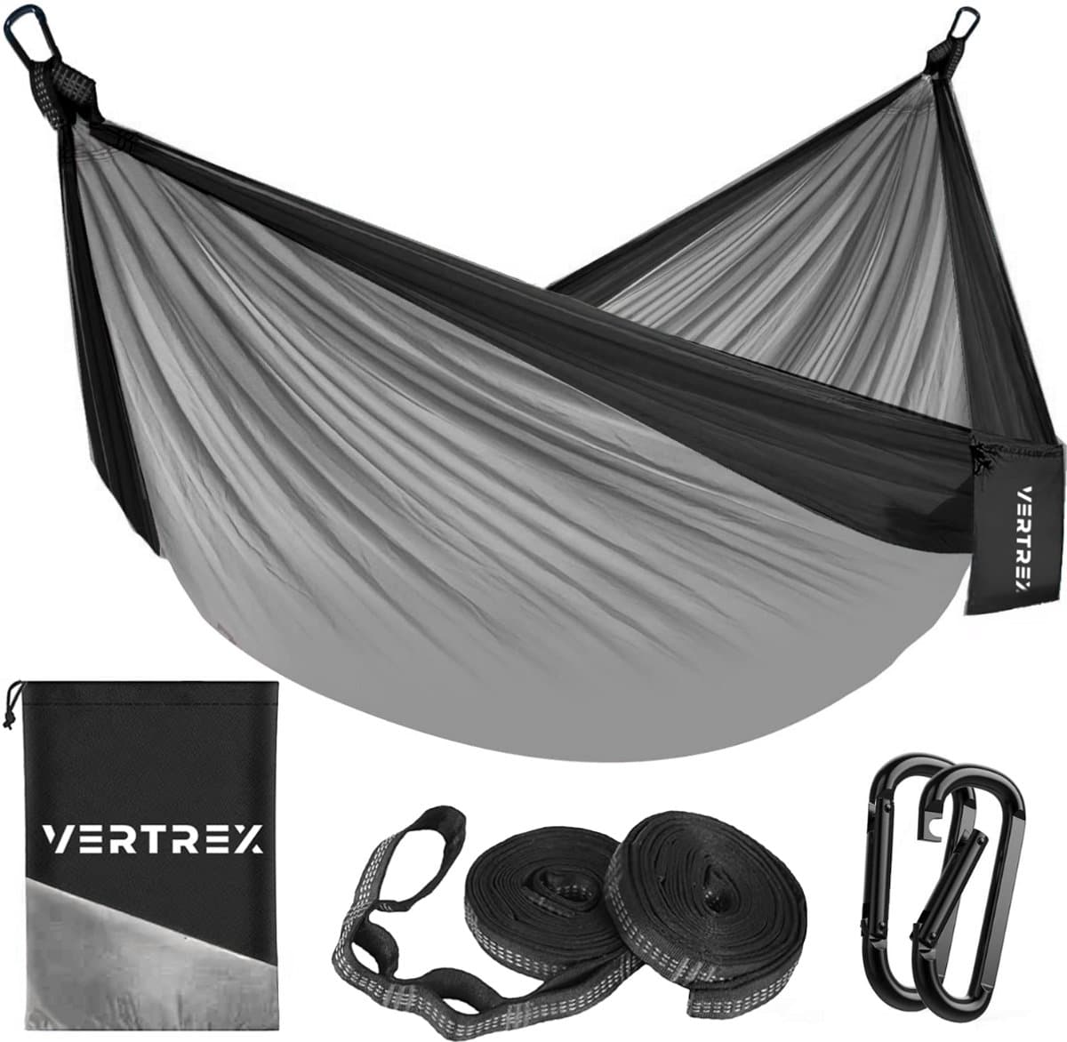 Vertrex Hammock Pro Hangmat met Band en Karabijnhaak voor hangmatten - 270 x 140 cm - Max 200 kg - Grijs/Zwart