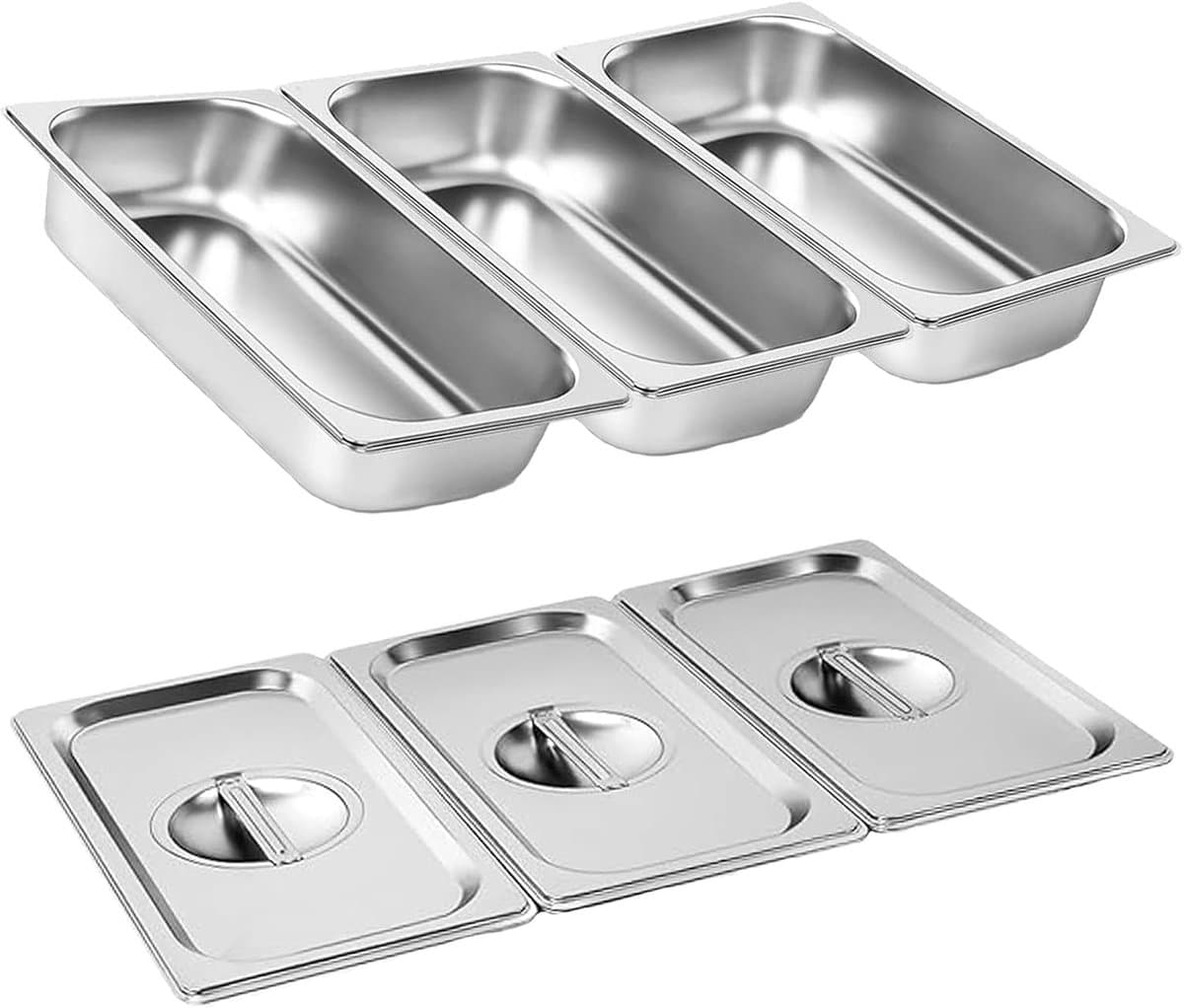 Deze set van 3 rechthoekige bakplaten van roestvrij staal (met deksels) heeft een afmeting van 32,5 x 17,5 x 6,5 cm. Ze zijn stevig, duurzaam en gemakkelijk schoon te maken, en voor voor gebruik in ovens en koelkasten.