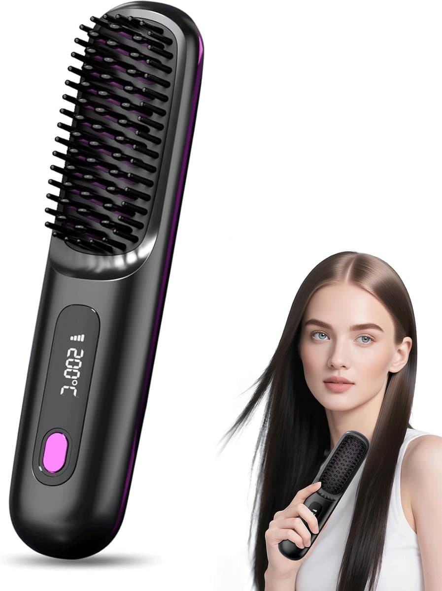 Draadloze Stijlborstel - Multistylers - Haarstijltang - met LCD-display - MCH-keramiek - 3 instelbare - Brush - Airstyler - USB-oplaadbare stijltang - draagbare mini-stijltang - geschikt voor op reis - Zwart