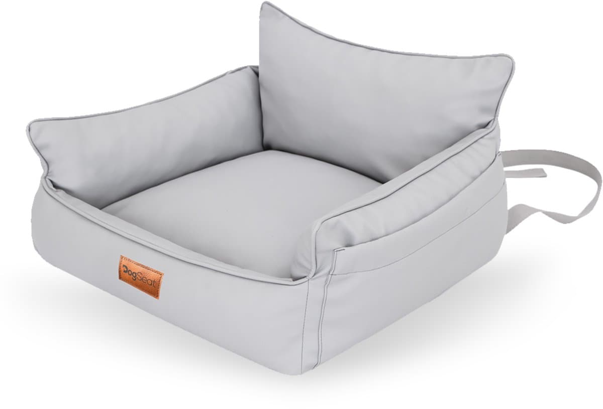Voorstoel Honden Autostoel Mand – DogSeat Nova Cruise ® – Licht Grijs Leatherlook – Voor Kleine Honden – Met veiligheidsriem, gesp en gordel slot – Voorstoel & Achterbank – Waterafstotend & Krasbestendig – Luxe Autostoel Hond – Machinewasbaar