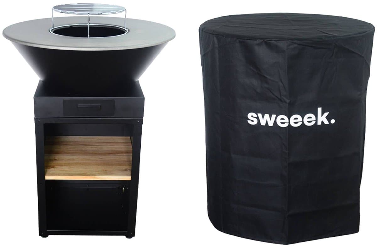 sweeek - Kookvuur ø81,5cm met grillrooster, opslagruimte voor hout + polyester hoes