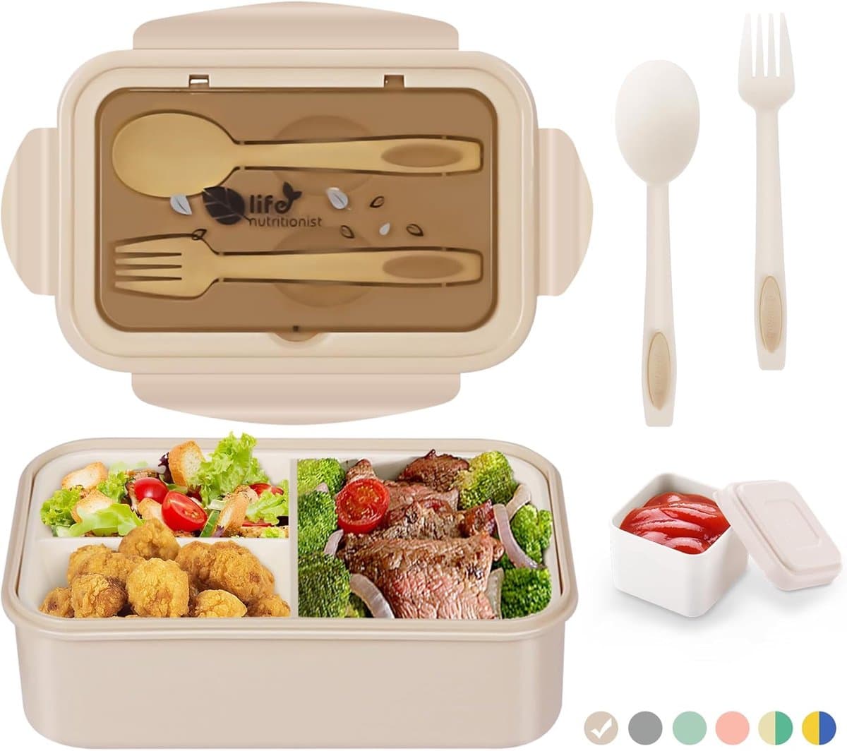 Lunchbox met drie compartimenten van 1400 ml - Geschikt voor volwassenen en kinderen - Inclusief bestek en snackbox - Magnetron-/vaatwasserbestendig - Khaki