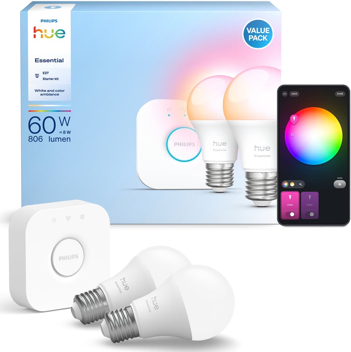 Philips Hue Essential A60 White and Color Starter Pack E27 806lm 2-pack + Bridge