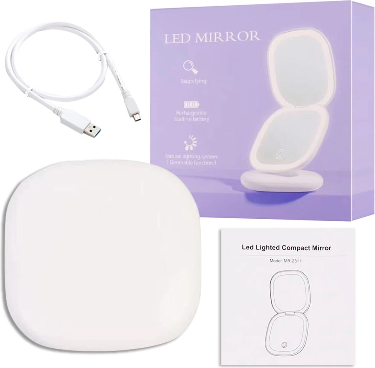 TechU™ Make-upspiegel met Ingebouwd Licht – Werkt op USB – Verstelbaar Licht & Vergroot 5X – Hand Make-upspiegel – Pocket Size – Wit