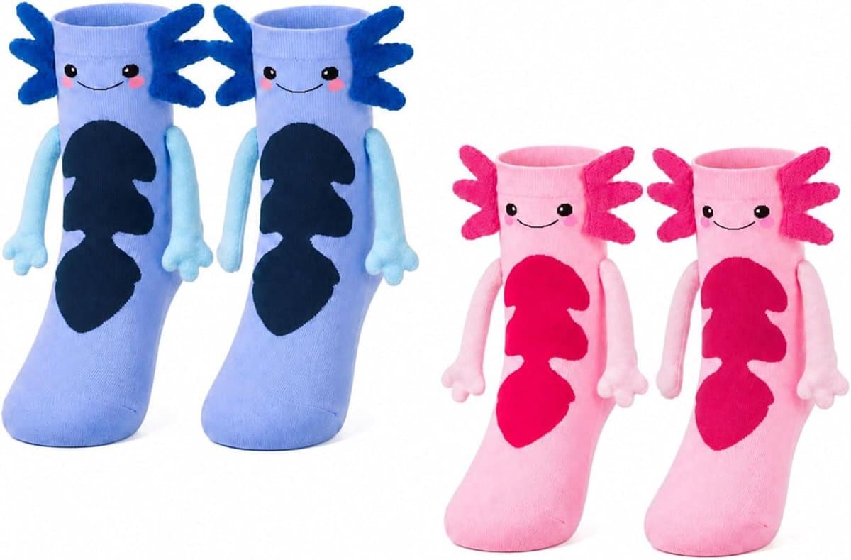 2 paar grappige salamander-sokken, creatieve sokken met magneetsluiting, handjes vasthoudend, grappige sokken voor meisjes, cadeau-idee (Rosa, Blauw)