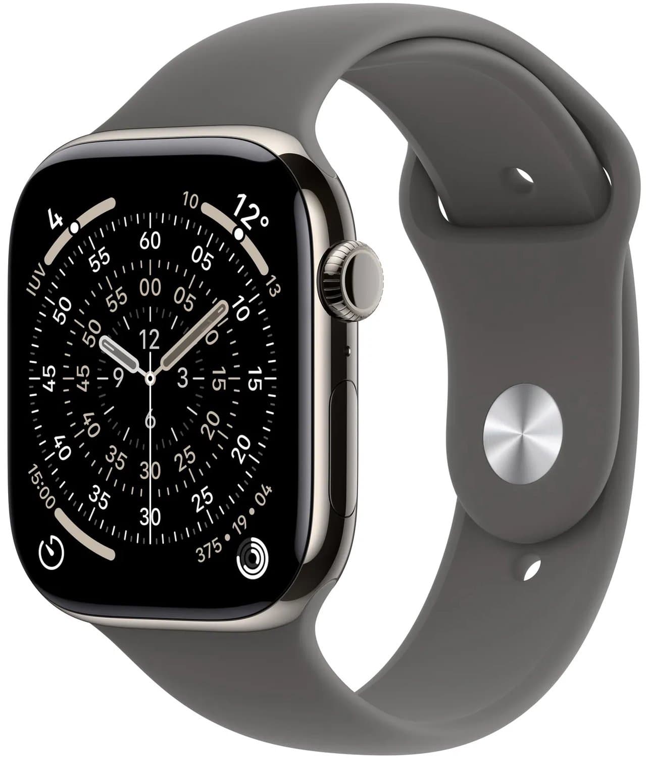 Apple Watch Series 11 GPS + mobiel 46 mm, natuur titanium behuizing met sportband - steengrijs - M/L