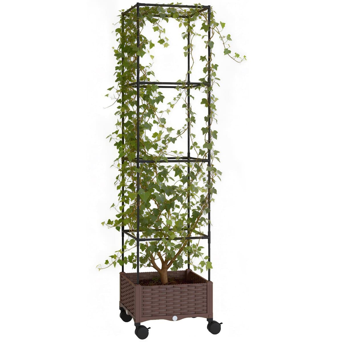 ECTEATOY® Plantenbak met Klimrek - Bloembakken voor buiten - Verrijdbare Kweekbak met Zelfbewatering en Wielen - 40x40x165 cm - 20L - Bruin