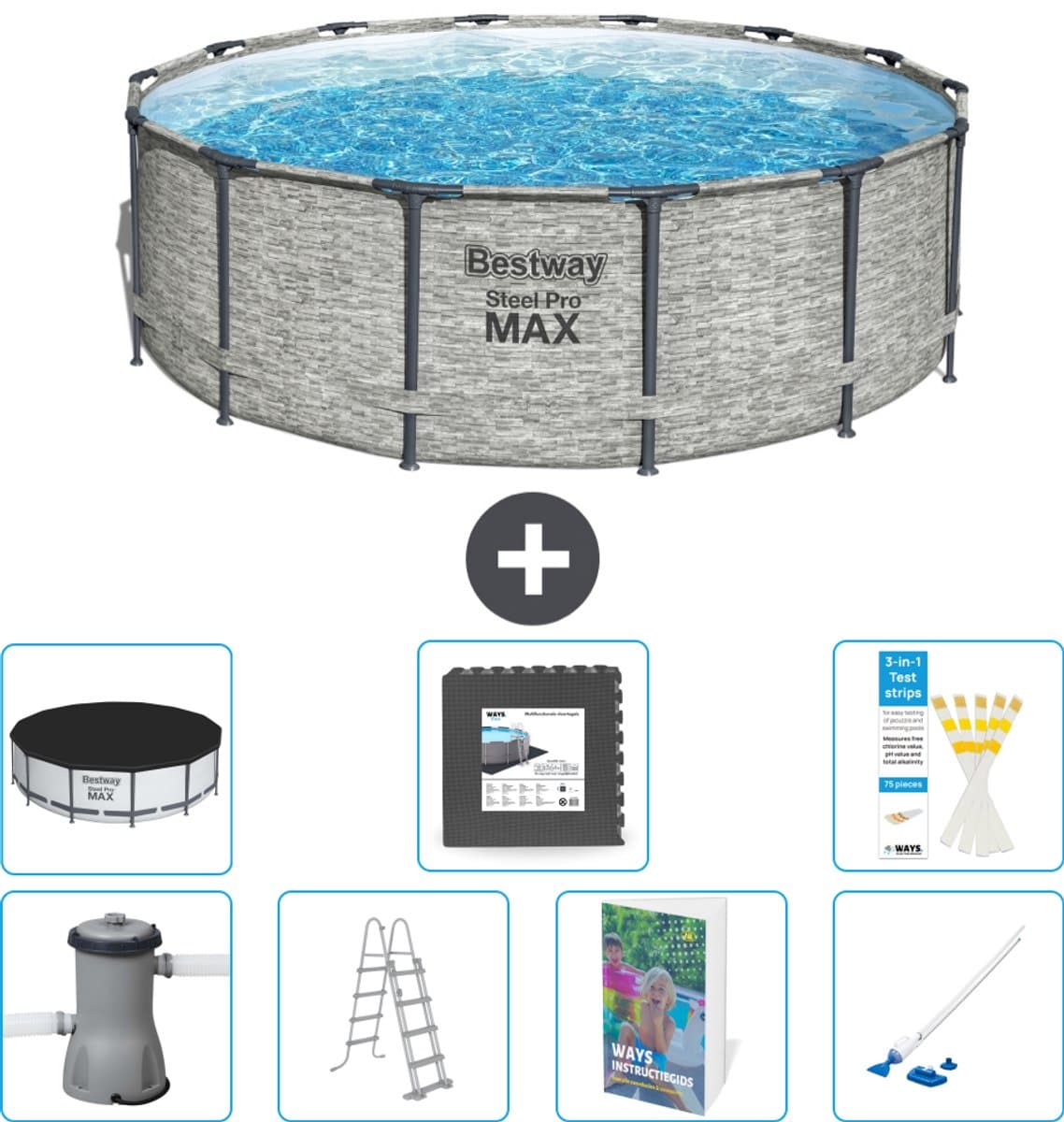 Bestway Rond Steel Pro MAX Zwembad - Steenprint - 427 x 122 cm - Inclusief Pomp - Ladder - Afdekzeil - Vloertegels - Stofzuiger - 8-delig