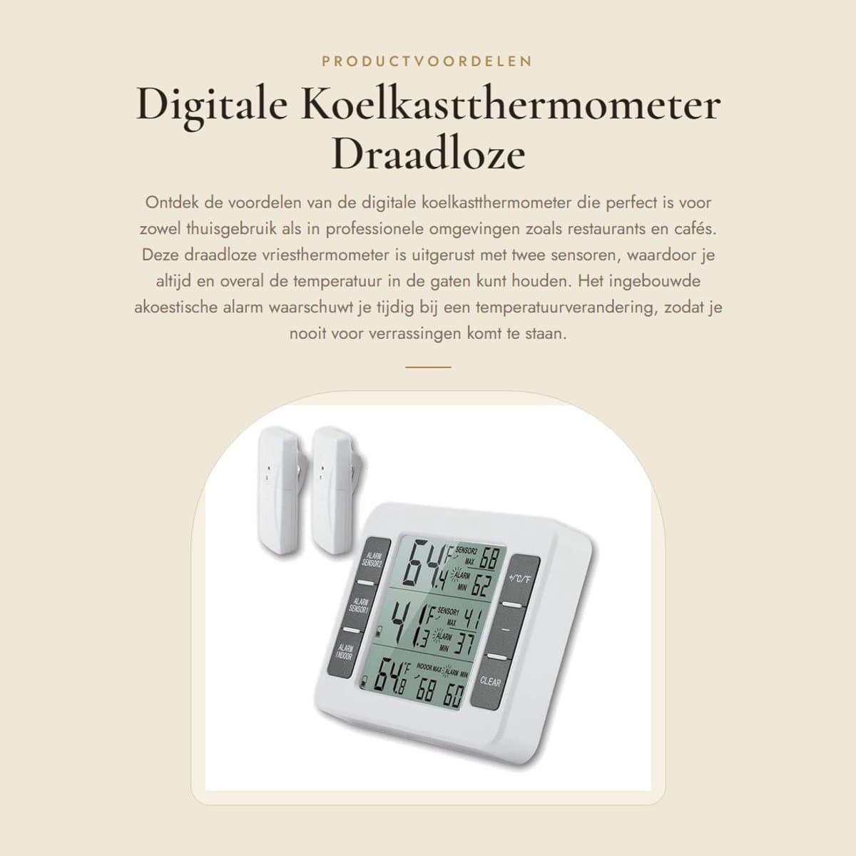Dailygoods - Digitale Koelkastthermometer - Draadloze Vriesthermometer - Akoestisch Alarm - Compact formaat - 2 Sensoren - Voor Thuis en Horeca - Gesc...