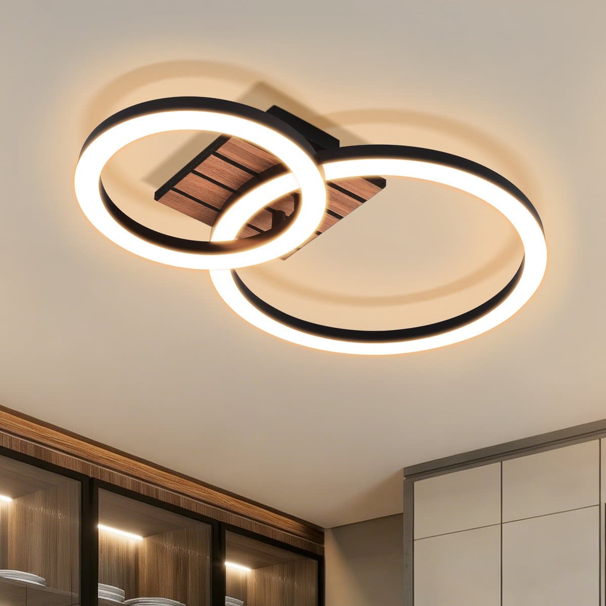 NETTLIFE - LED Plafondlamp 14W 3000K Warmwit - Modern Dubbele Cirkel Met Houtlook - Niet Dimbaar - Plafondverlichting Voor Keuken Hal Garderobe