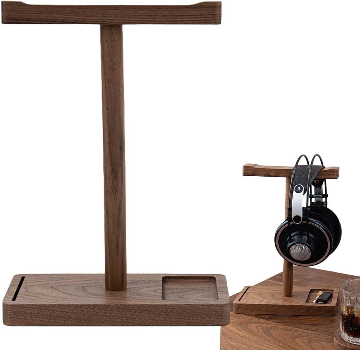 Hoofdtelefoonhouder Hout - Audio Accessoire - Bureau Organisatie - Grote Capaciteit - 28 cm Hoog - Zwart Walnoot
