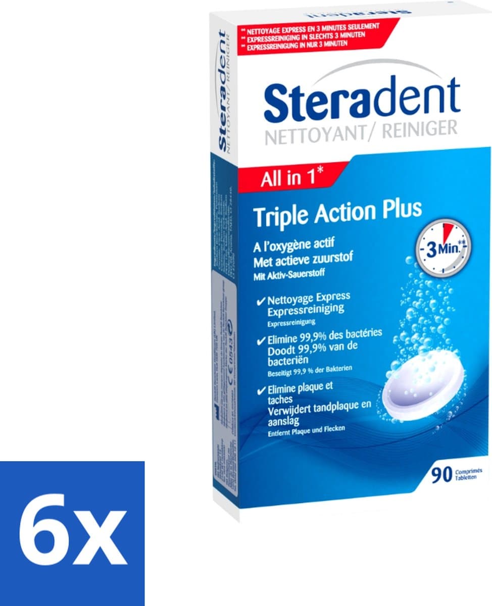 Steradent - Kunstgebitreiniger - Tegen Tandplak En Aanslag - 90 Tabletten - Voordeelverpakking - 6 stuks