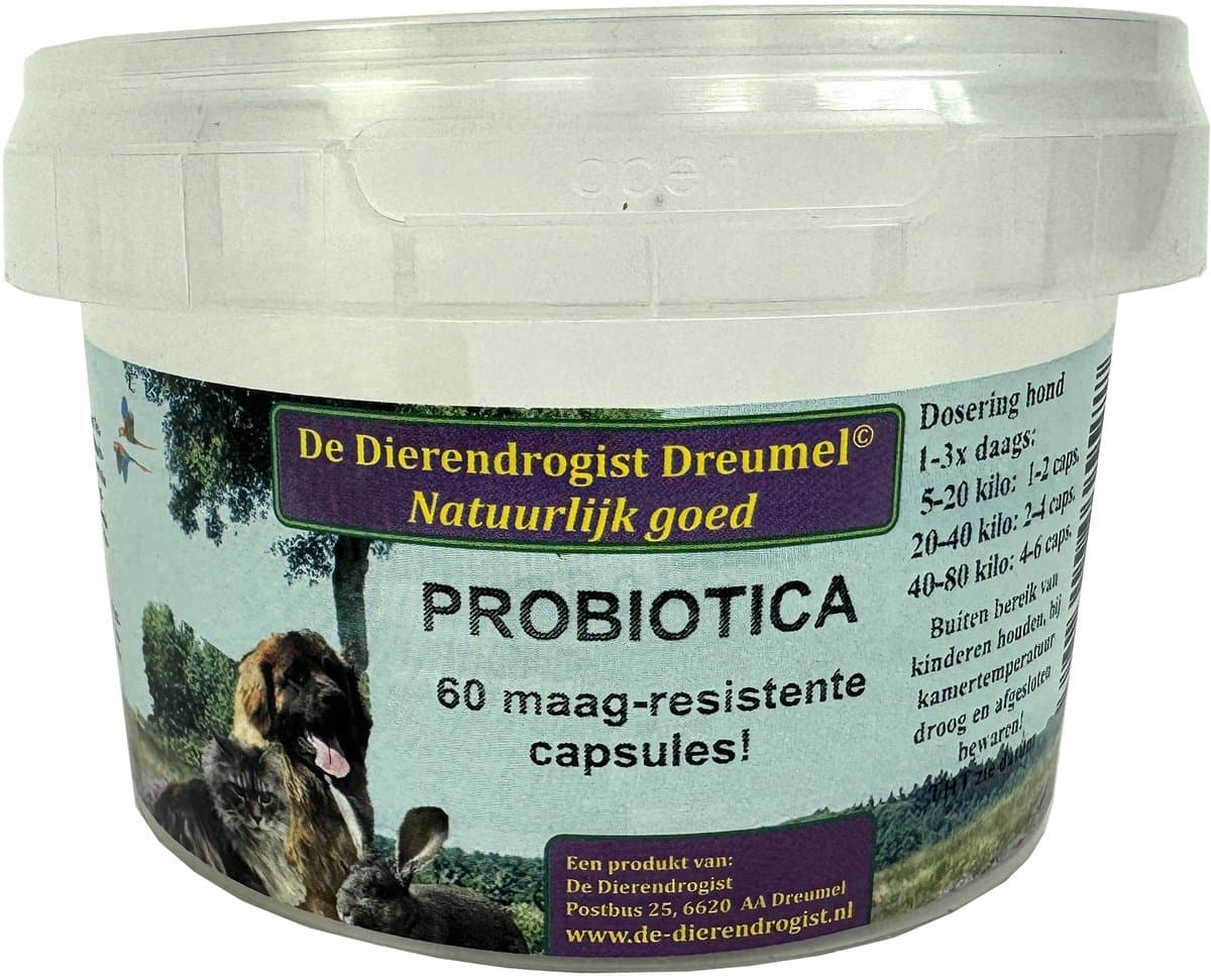 Probiotica Capsules Dierendrogist - Maagsapresistent, 60 Stuks - Ondersteuning Darmgezondheid Honden