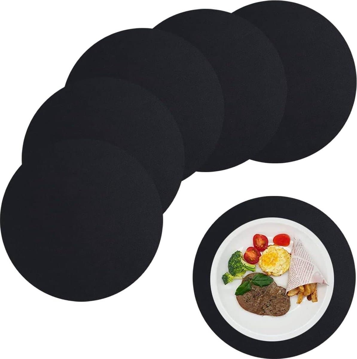 Round Placemats Set of 6 - Leather Washable Non-Slip Heat-resistant - Double-Sided - 33 cm Black