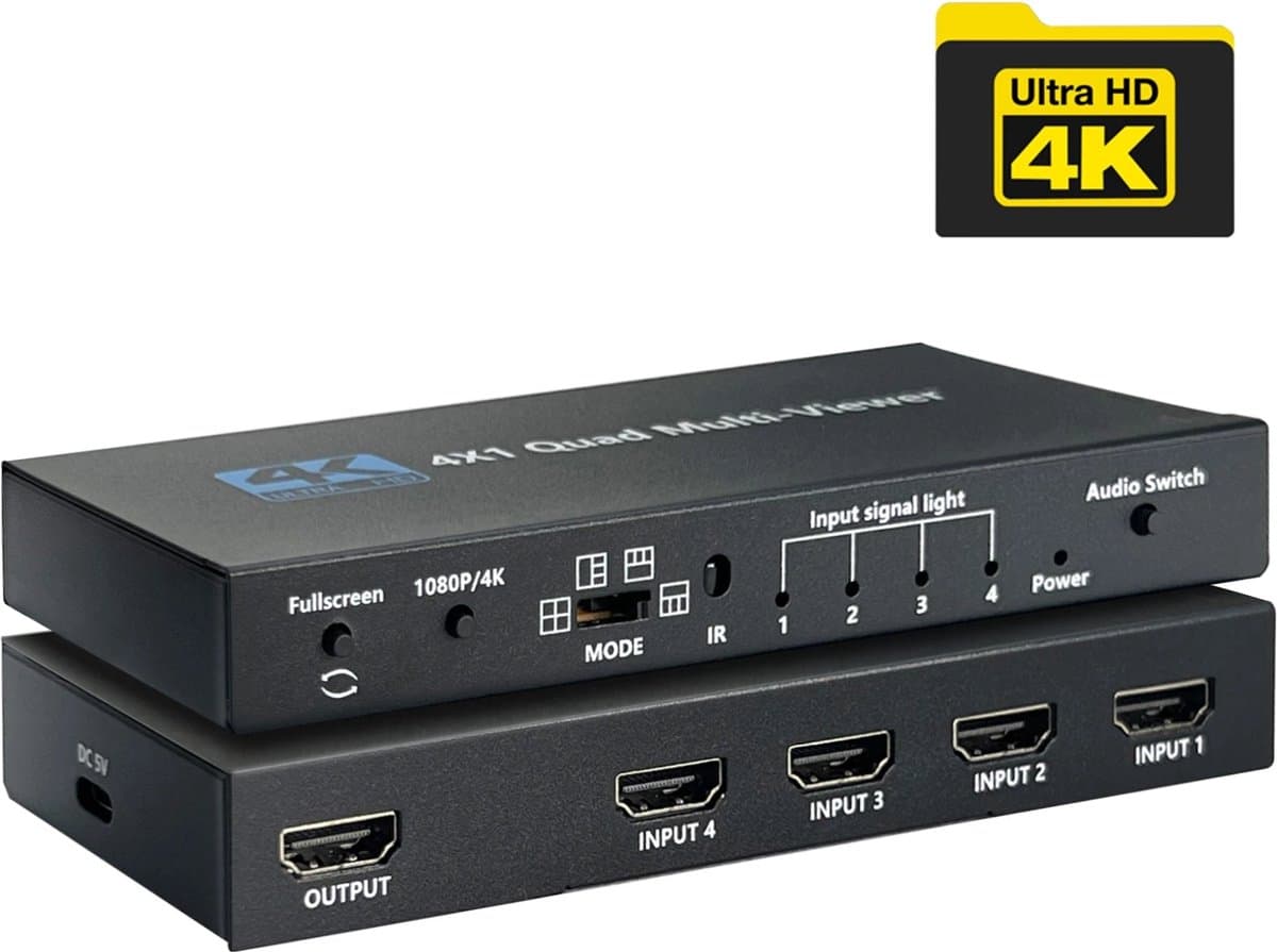 NÖRDIC SGM-212 HDMI Switch 4 naar 1 - Met Multiviewer - 4K30hz - HDCP1.4 - Zwart - 4 apparaten op 1 HDMI monitor