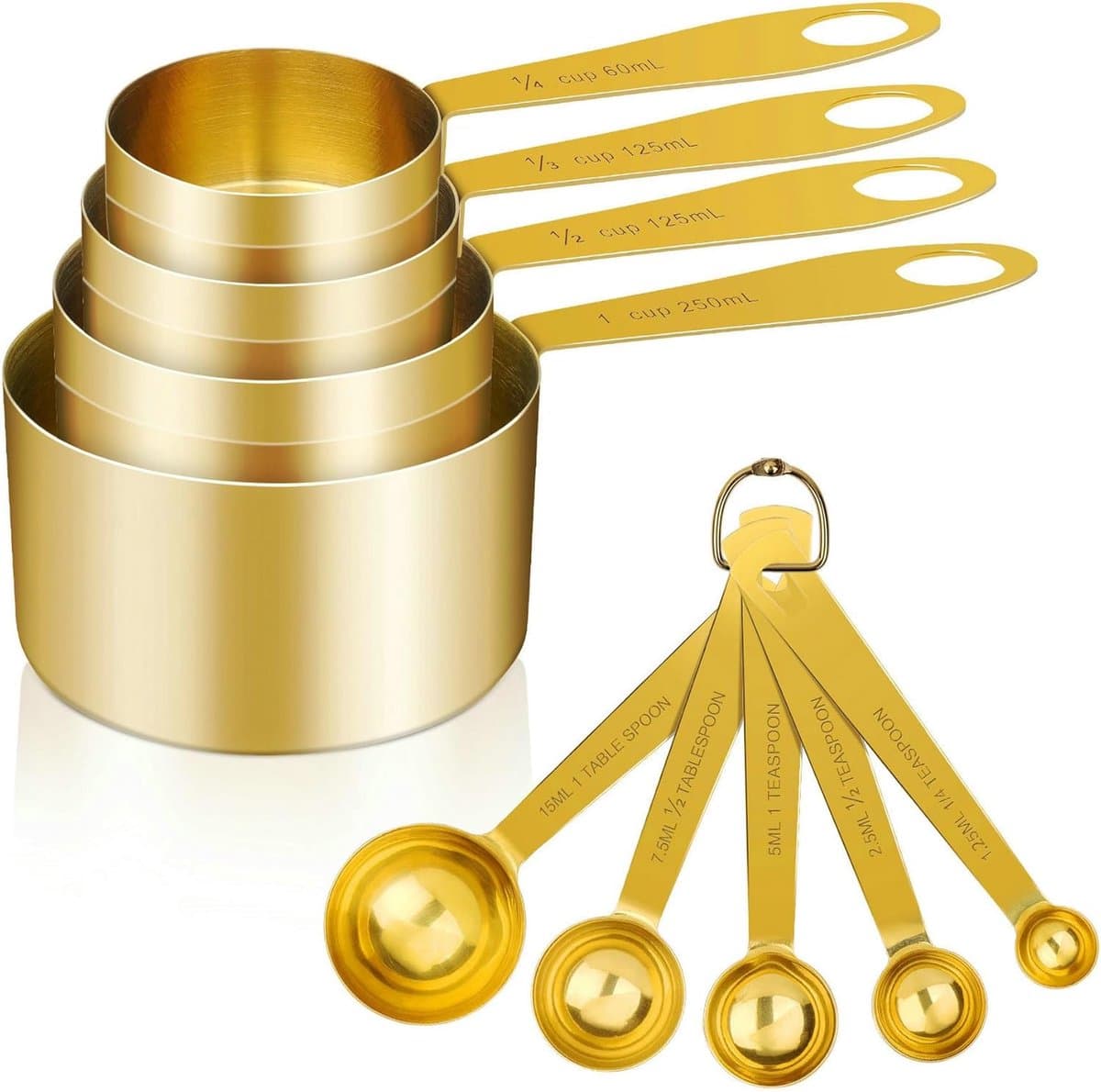 Measuring Cup en Lepel Set - 9 Stukken - Roestvrij Staal - Metrische en Amerikaanse Maten - Keuken Measuring Cup voor Droge en Vloeibare Ingrediënten - Oven - Dranken - Goud