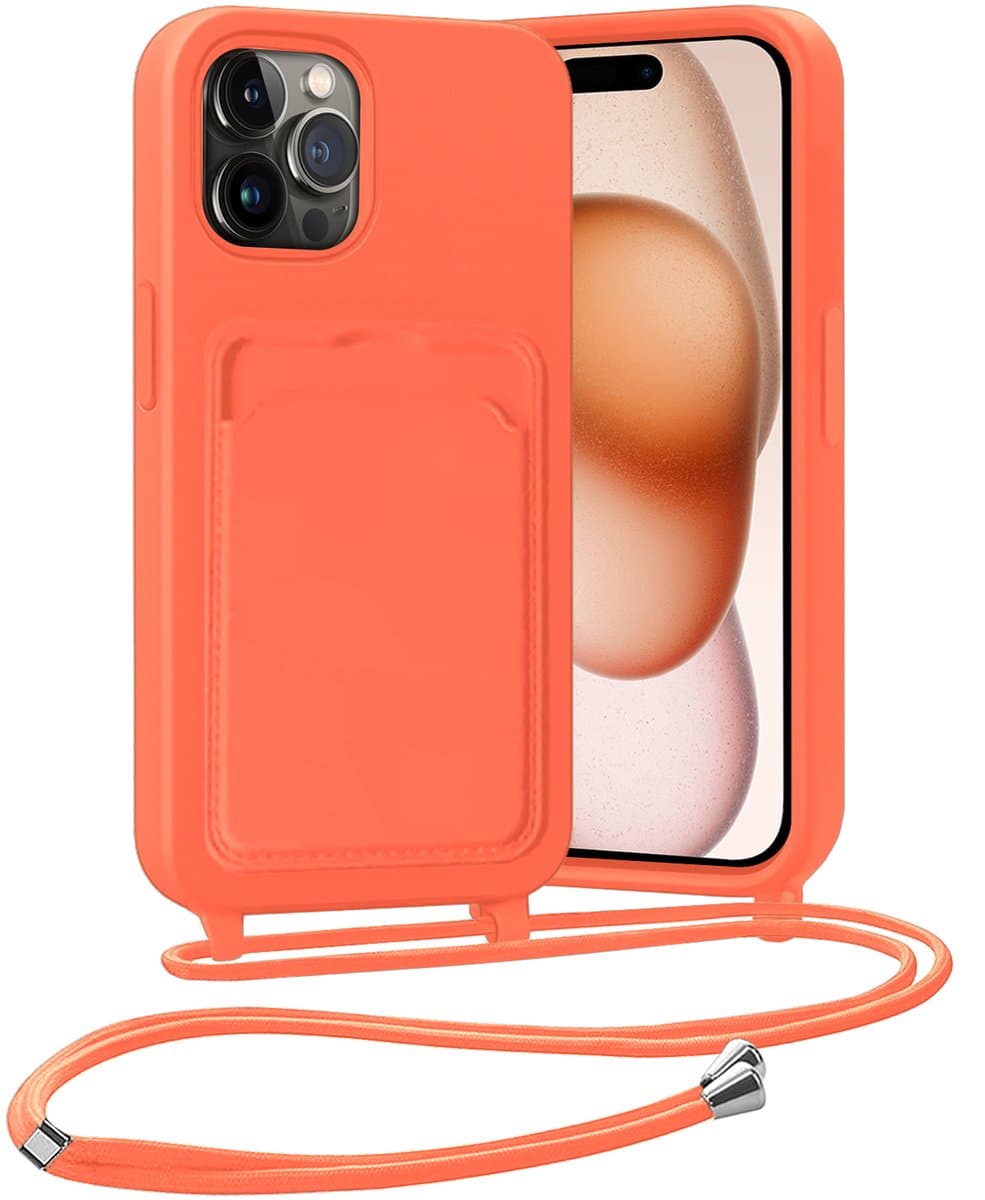 Hoesje Geschikt voor iPhone 15 Pro Hoesje Met Telefoonketting Pasjeshouder Case Koord - Hoesje Geschikt voor iPhone 15 Pro Hoes Met Kaarthouder - Papaya