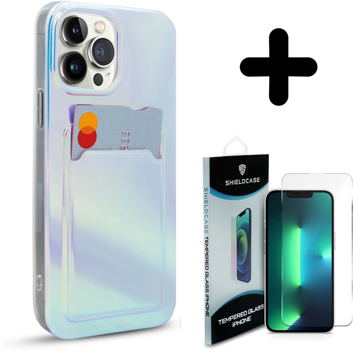 ShieldCase Hoesje geschikt voor iPhone 13 Pro laser case pasjeshouder IMD + ShieldCase screenprotector - beschermglas iPhone bescherming - iPhone case bescherm hoesje + Screenprotector