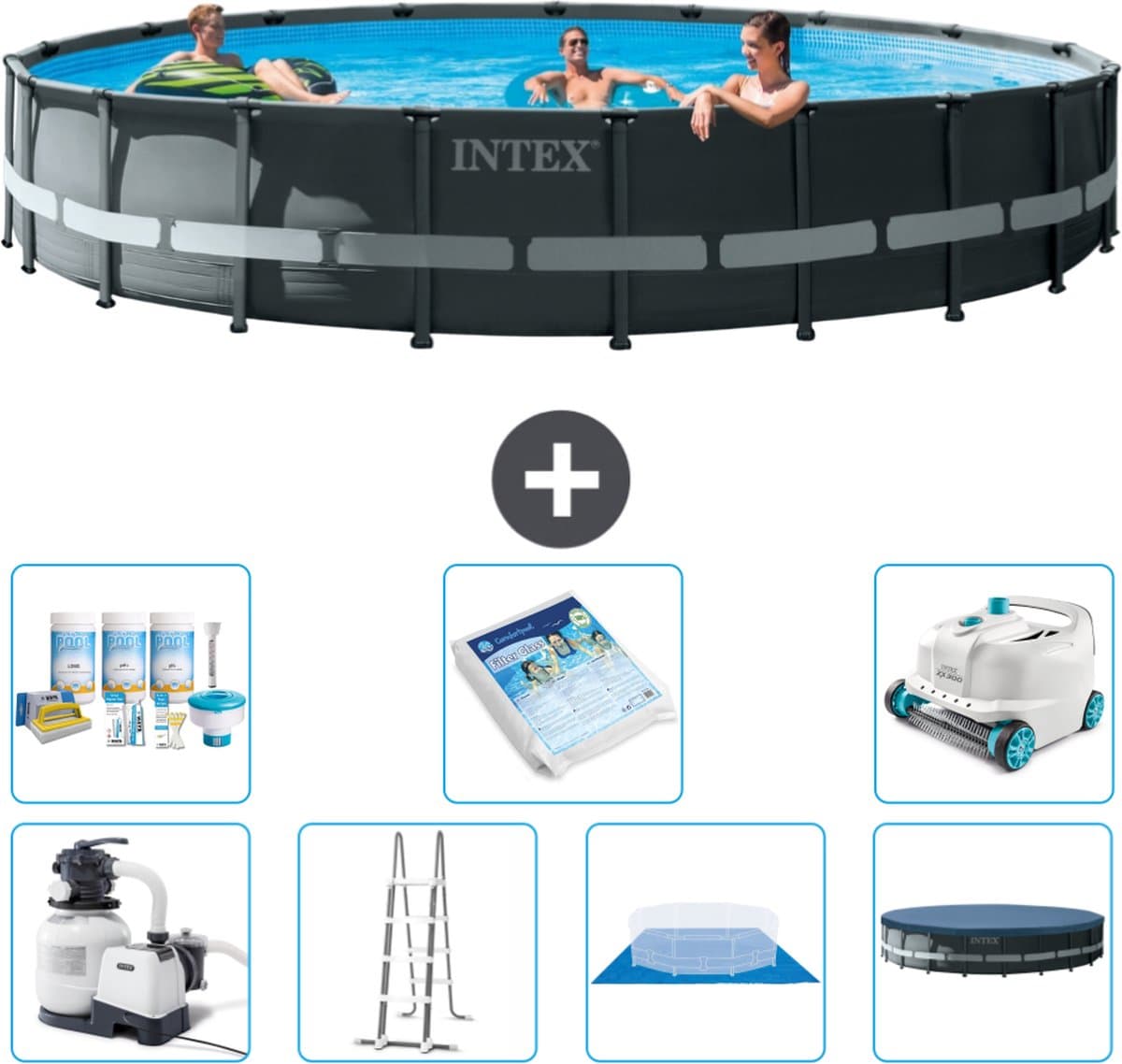 Intex Rond Ultra XTR Frame Zwembad - 610 x 122 cm - Inclusief Pomp - Ladder - Grondzeil - Afdekzeil Onderhoudspakket - Glasparels - Stofzuiger