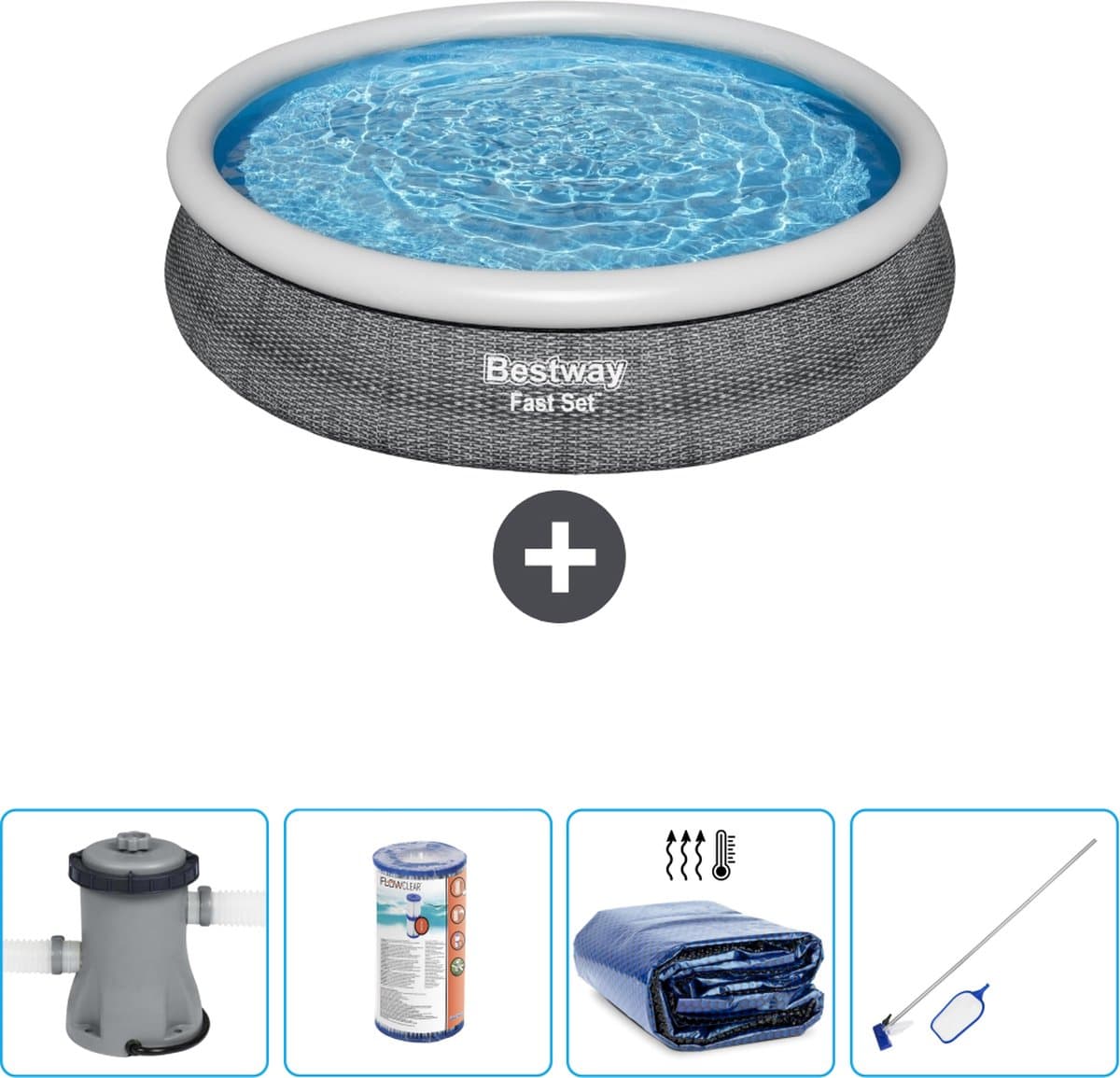 Bestway Rond Opblaasbaar Fast Set Zwembad - Rotanprint - 366 x 76 cm - Inclusief Pomp Filter - Solarzeil - Schoonmaakset