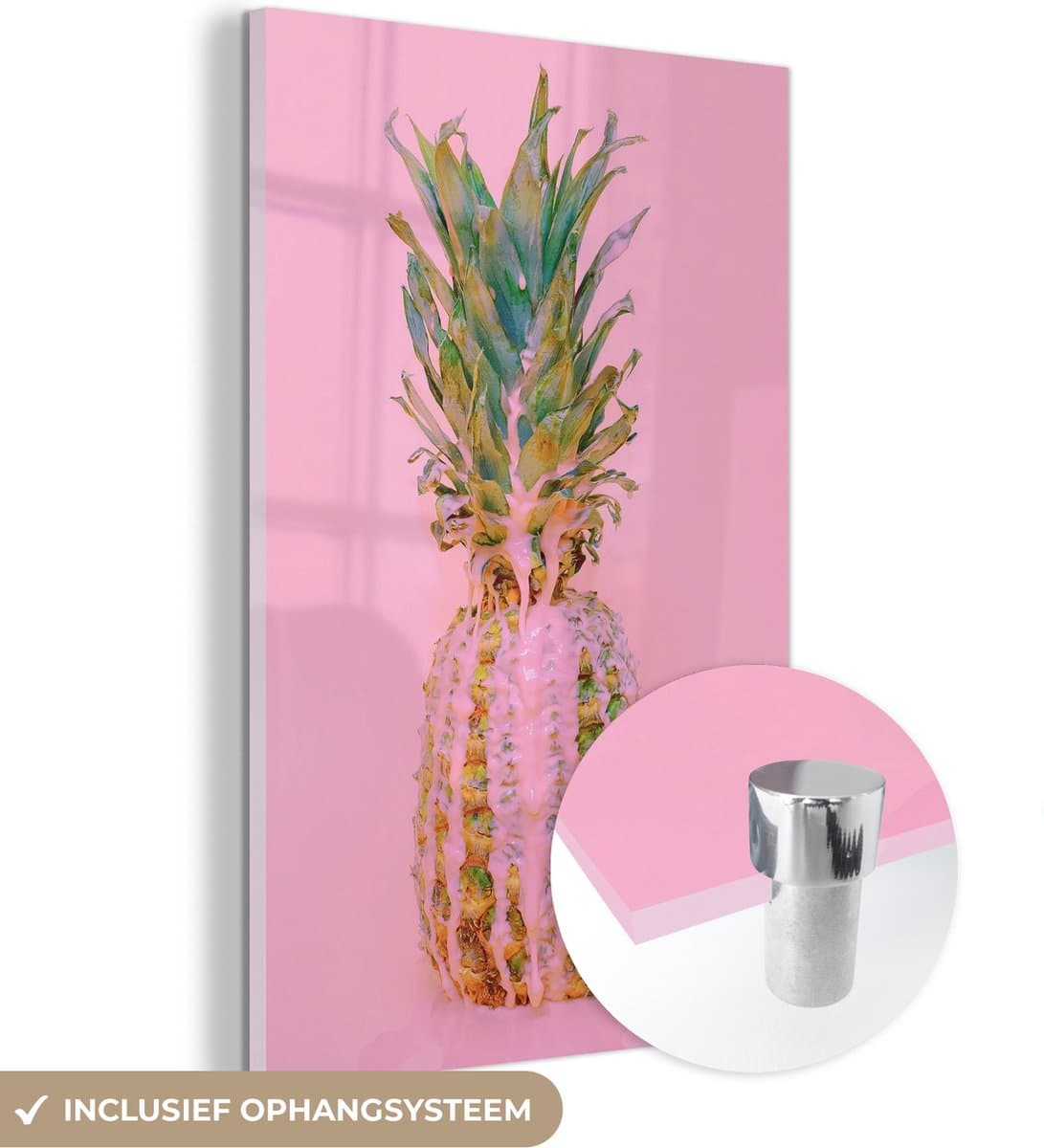 MuchoWow® Glasschilderij 40x60 cm - Schilderij acrylglas - Verf - Ananas - Roze - Zomer - Foto op glas - Schilderijen