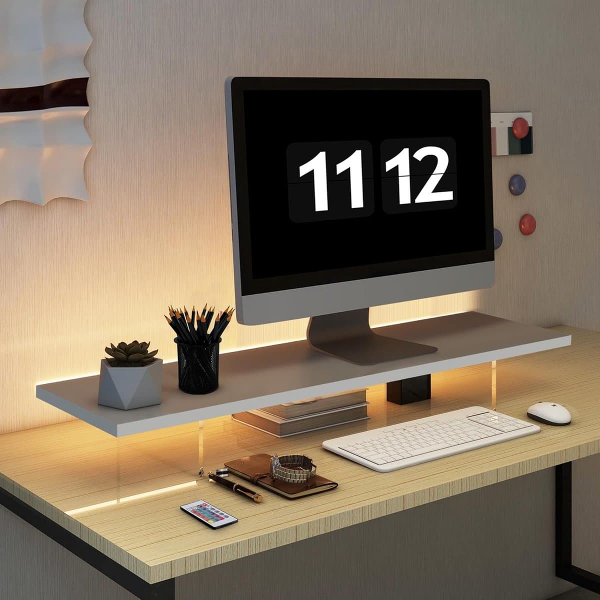 Monitor Verhoger met LED Licht - Bureau Organizer voor Computer en Laptop in Hout en Acryl