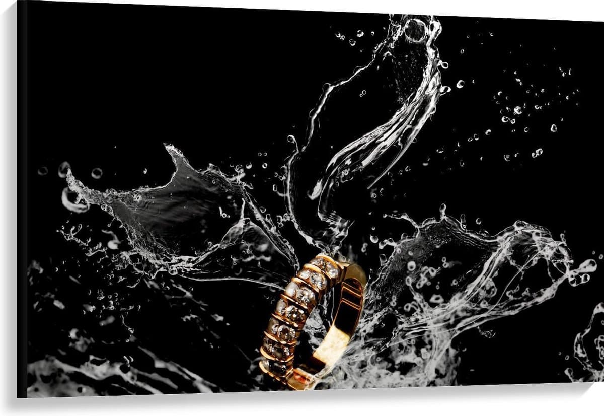 Canvas - Gouden Ring met Steentjes in Water - 120x80cm Foto op Canvas Schilderij (Wanddecoratie op Canvas)