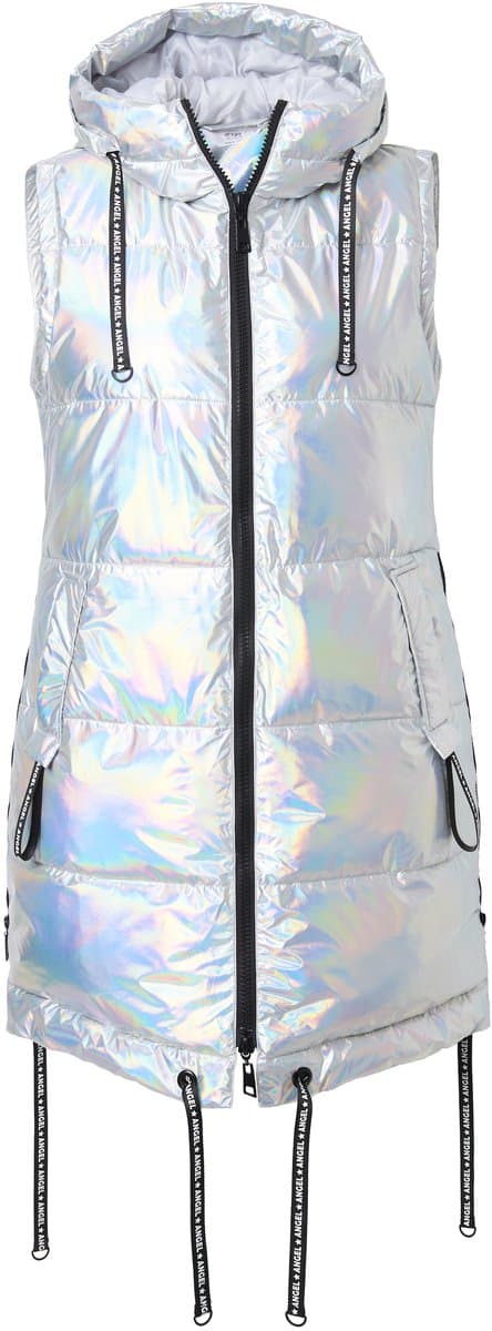 Angel of Style - Dames - Lange doorgestikte bodywarmer A-lijn capuchon - Zilver - Maat 50