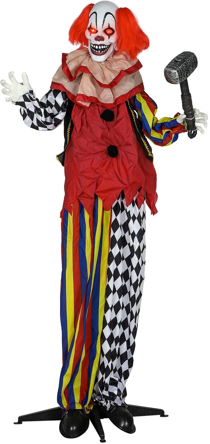 173cm Levensgrote Enge Clown Halloween Animatronic, Geluidgeactiveerde Decoratie met Bewegend Hoofd & Armen, Knipperende Rode LED-Ogen, Batterijgevoed