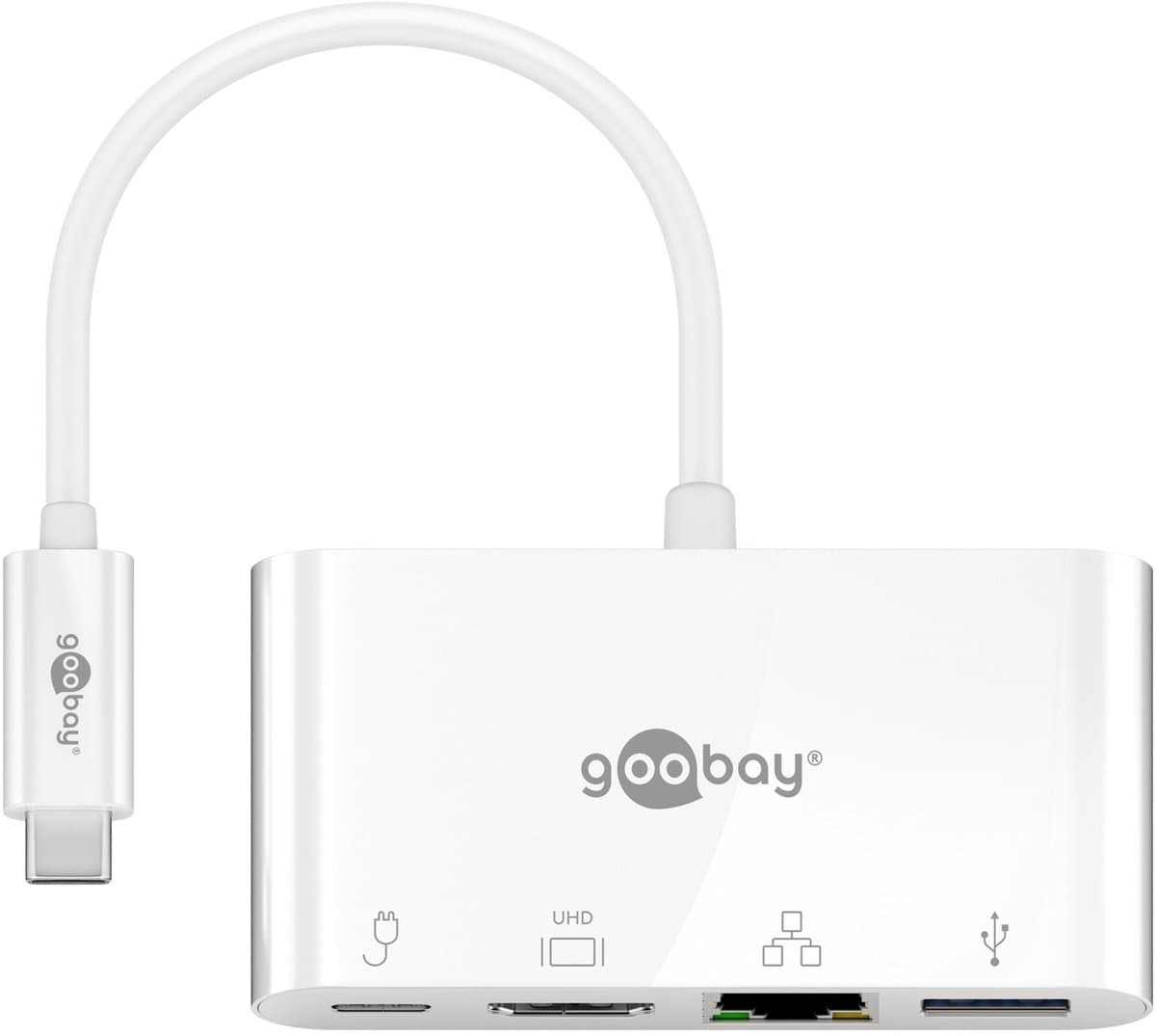 USB-C naar HDMI, USB-A, USB-C PD en RJ45 adapter met DP Alt Mode (4K 30 Hz) / wit - 0,15 meter