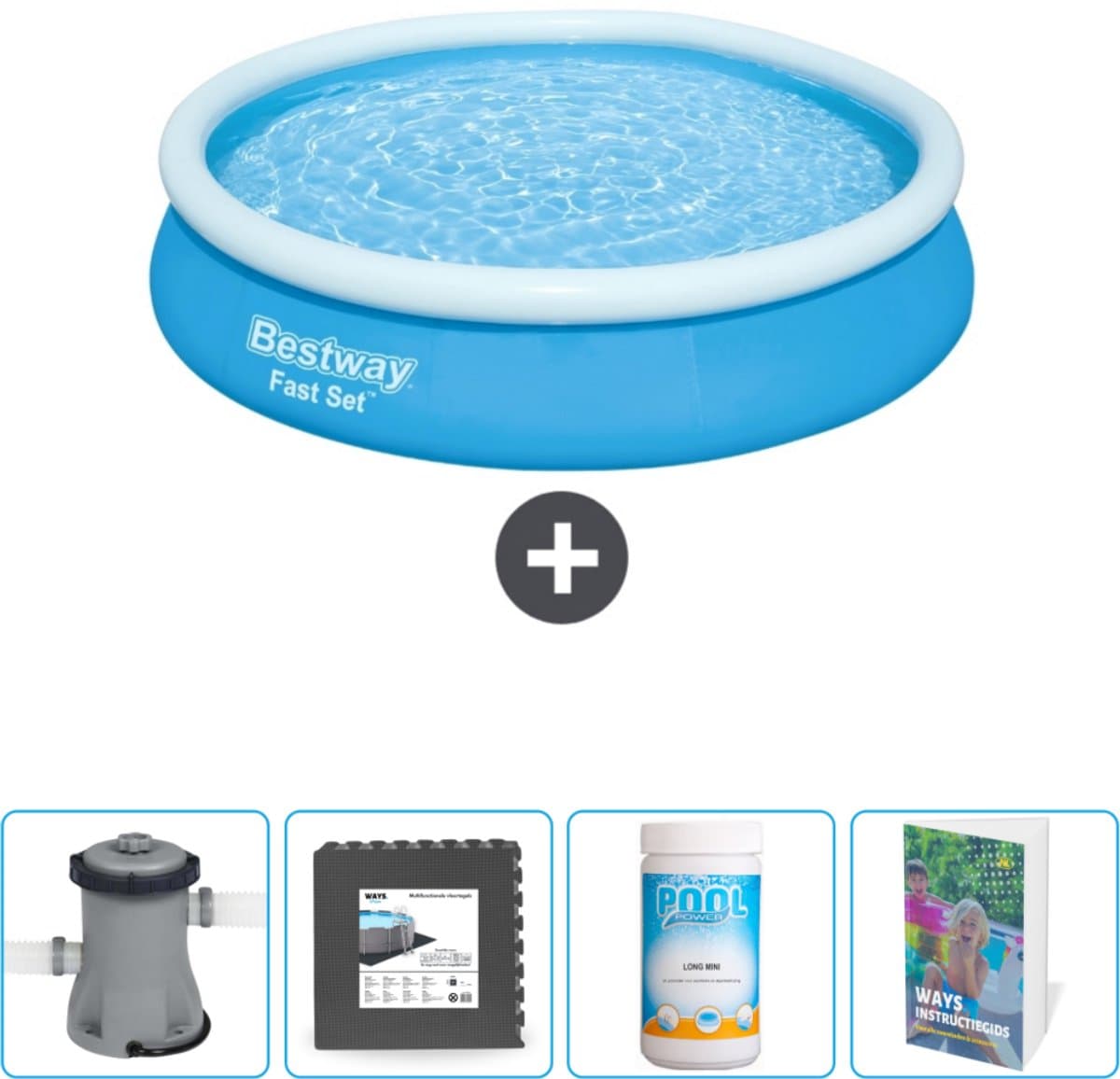 Bestway Rond Opblaasbaar Fast Set Zwembad - 366 x 76 cm - Blauw - Inclusief Pomp - Vloertegels - Chloor - Zwembadgids