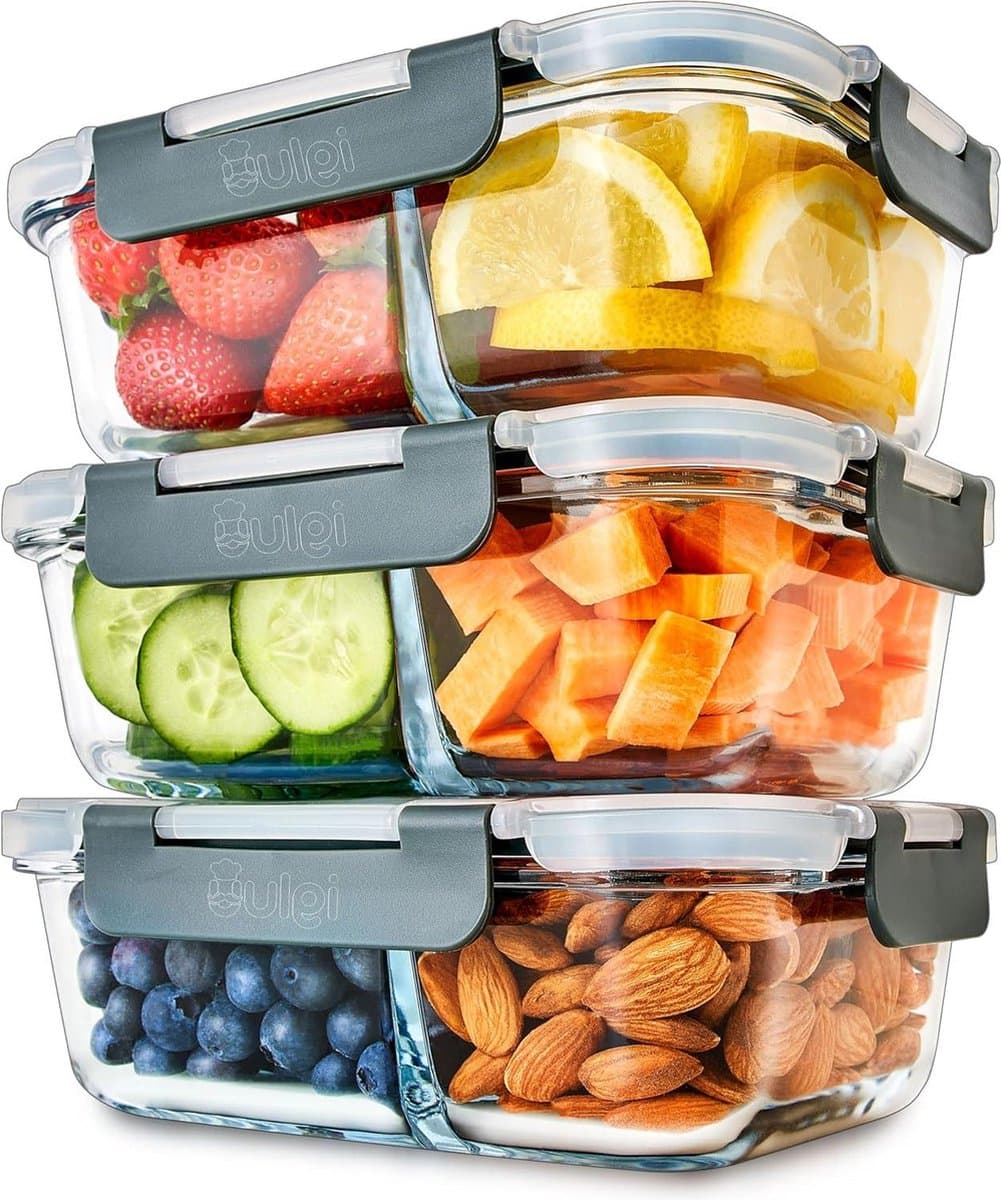 Glazen Meal Prep Containers met 2 Compartimenten - Portie Controle Voedsel Vershoudbak - BPA Vrij - Magnetron Vriezer Vaatwasserbestendig - Luchtdichte Deksels [3 Stuks]