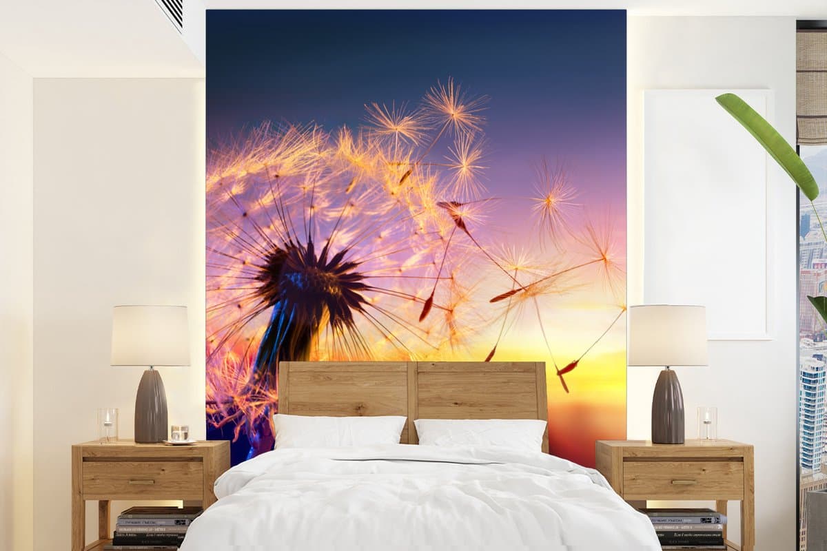 Behang - Fotobehang Paardenbloem - Bloemen - Zonsondergang - Horizon - Nacht - Breedte 190 cm x hoogte 260 cm