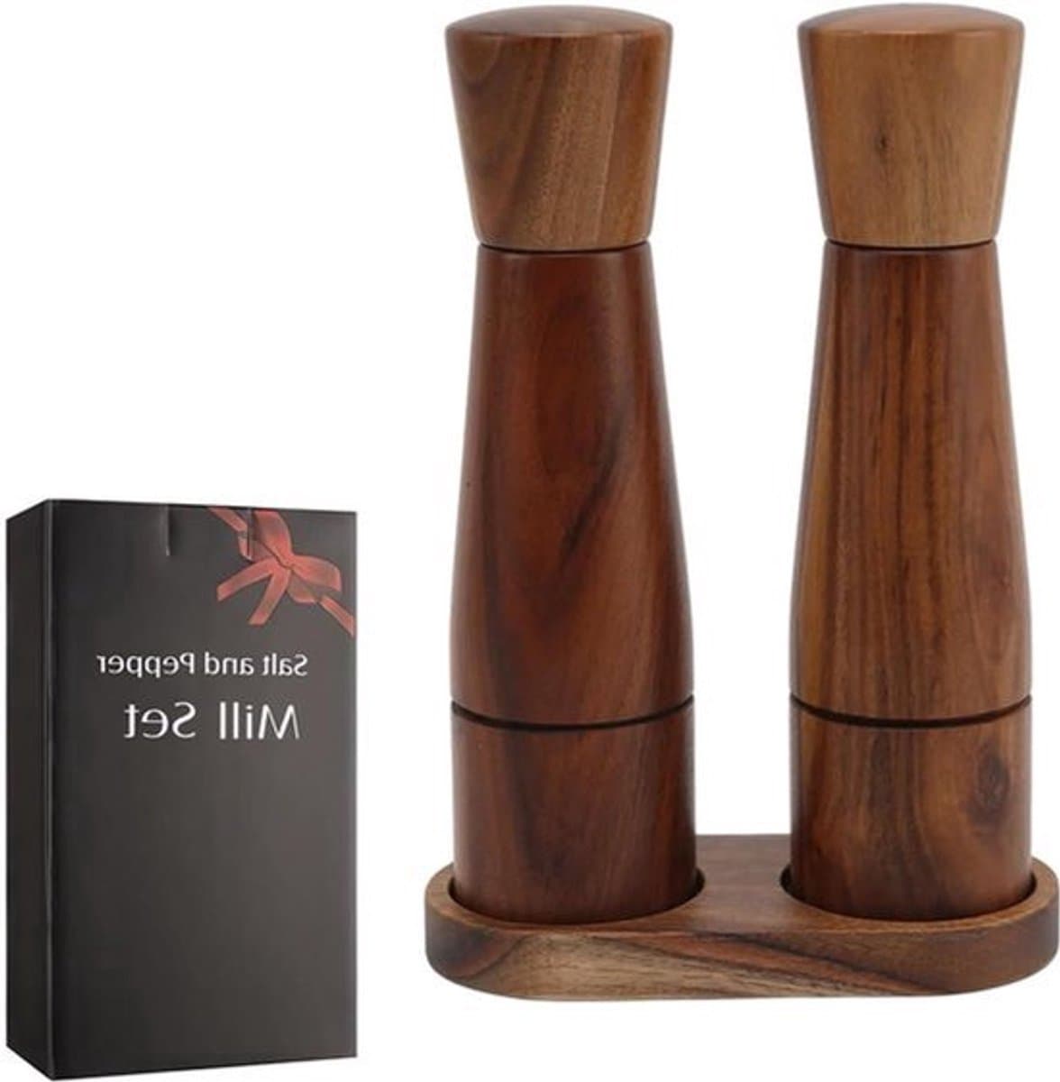 Zout- en pepermolen set van 2 kruidenmolens met keramische molen - 20 cm - inclusief schotel - acaciahout - verstelbaar - elegant design