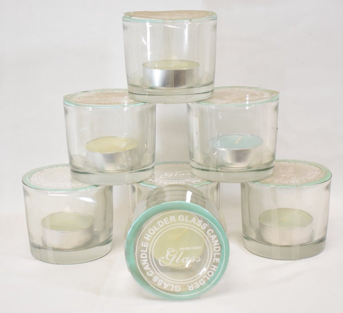ZoeZo Design - 6 stuks - waxinelichtjeshouder - zwaar glas - glas - licht groene rand - met theelichtjes - H8 x Ø8 cm - herbruikbaar