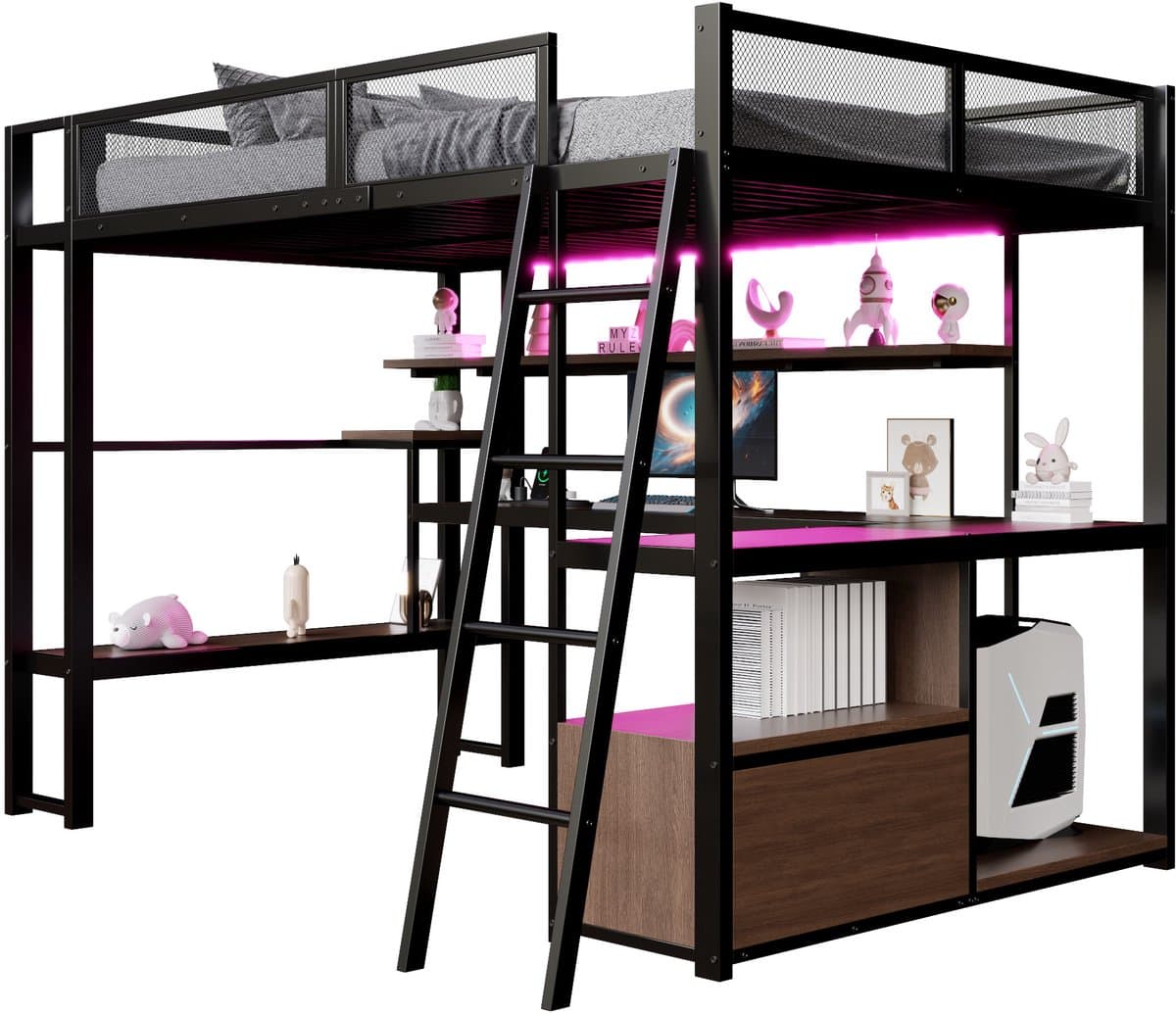 REDOM Luxe Twijfelaar Hoogslaper met Bureau & Kast (140x200) - Metalen Gamebed met LED Verlichting & Laadstation - Zwart/Hout