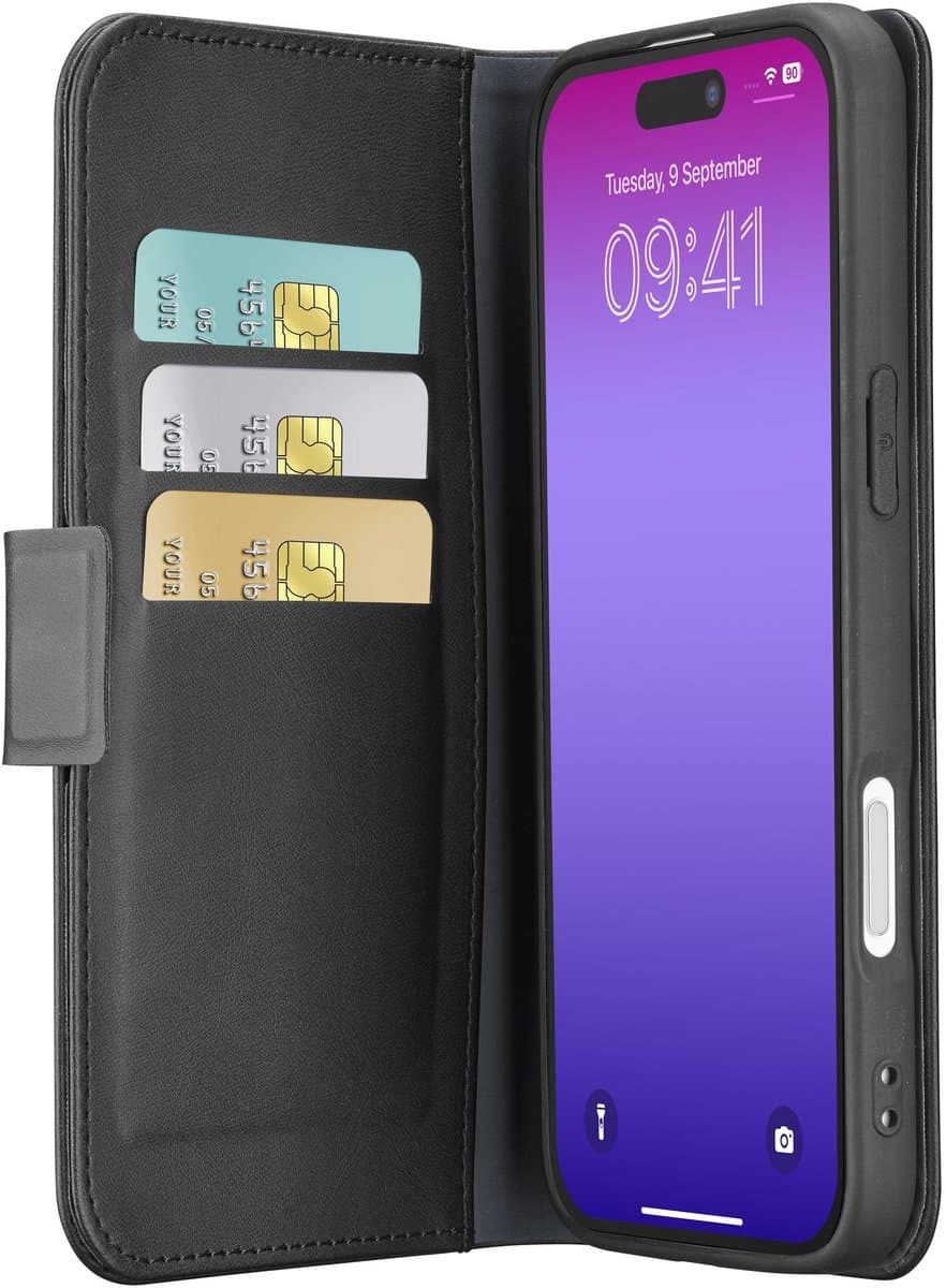 Cellularline Book Agenda Hoesje - Geschikt voor iPhone 17 Pro - RFID/NFC Block & Pasjesvak - Zwart