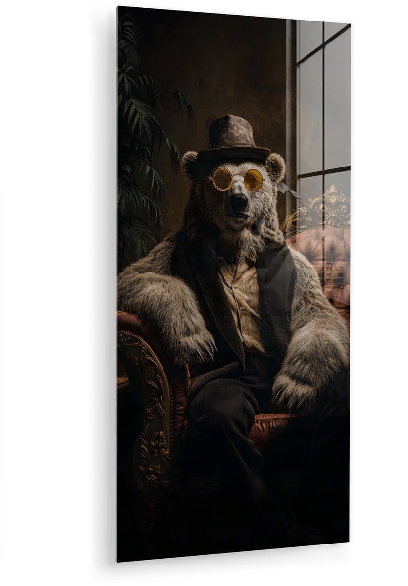 MuchoWow® Glasschilderij 20x40 cm - Schilderij acrylglas - Ijsbeer - Hoed - Bril - Stoel - Foto op glas - Muurdecoratie woonkamer - Wanddecoratie slaapkamer - Schilderijen