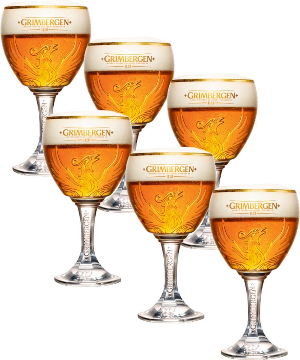 Grimbergen Bierglazen op Voet 33cl set van 6 stuks - Bier Glas 0,33 l - Bolle Vorm - 330 ml