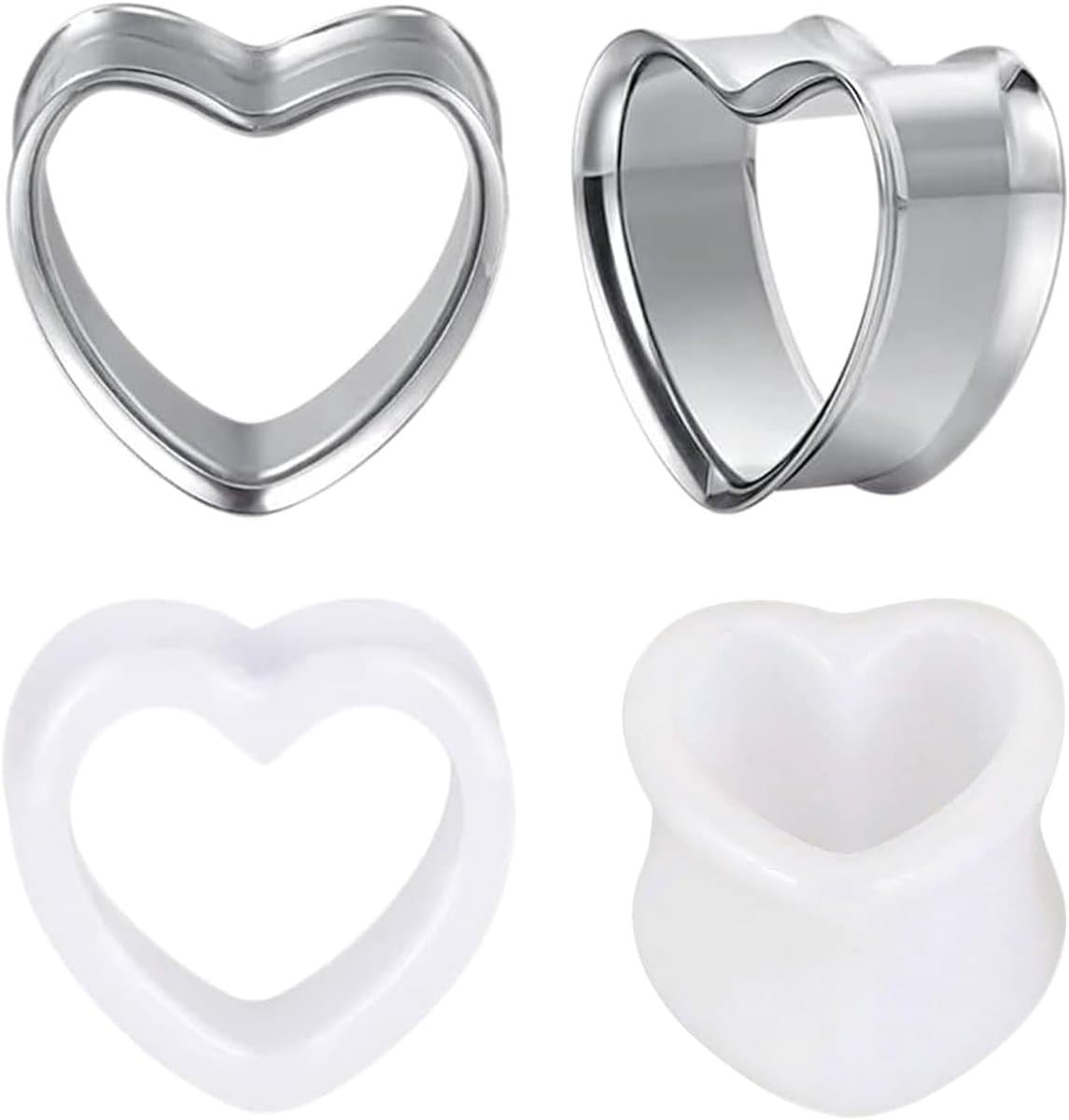 Tunnels met 4 hartjes, chirurgisch staal, acryl, 8-22 mm, zilver, oorplug, expander-piercing, voor dames en heren