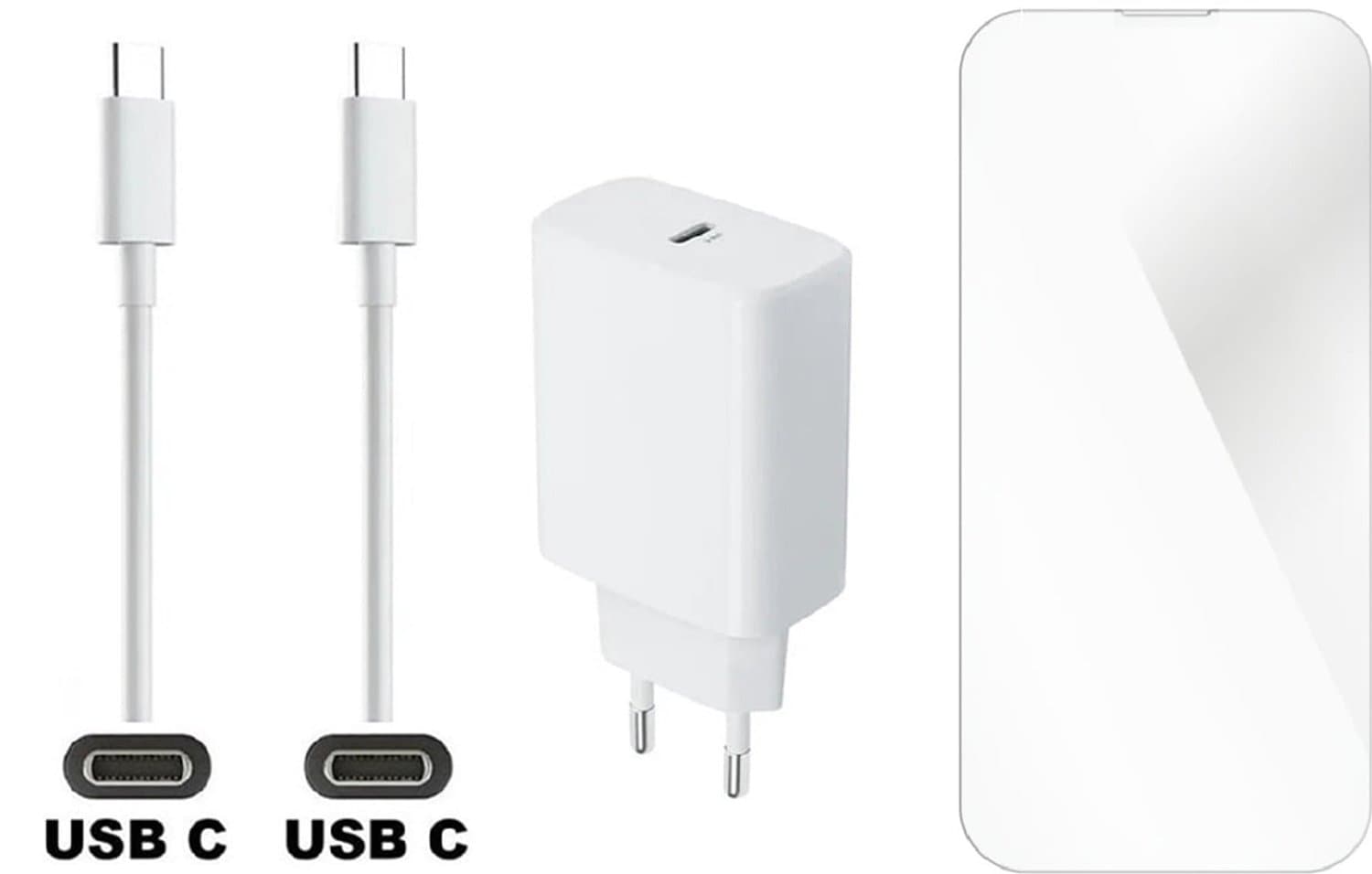 OneOne 30W super snellader met USB C poort en glazen screenprotector. Oplader met sterke 3,0m USB C naar C kabel. Krachtige witte universele PD PPS lader adapter. Screenprotector past op Apple iPhone 15, iPhone 16