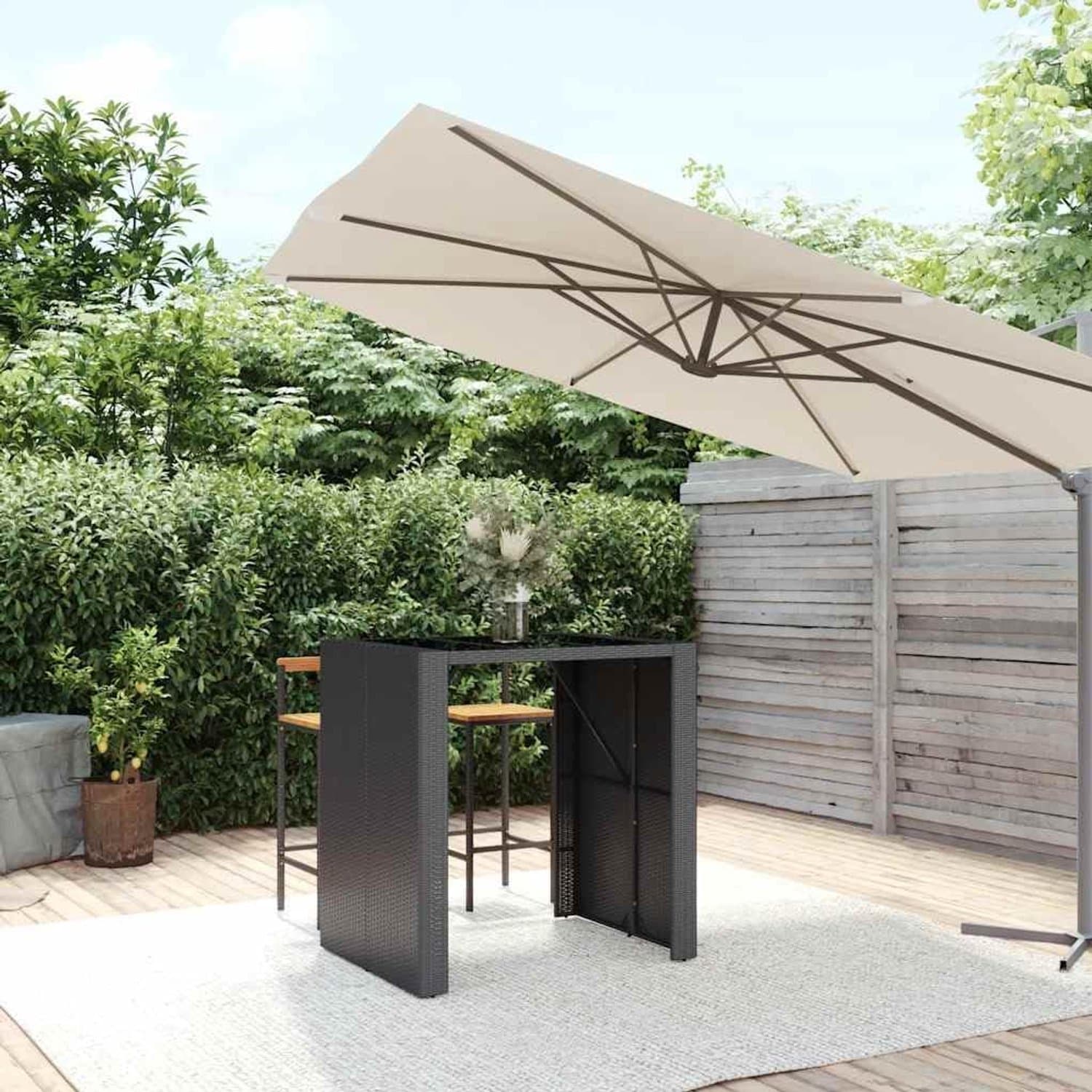Bartafel met glasplaat, zwart, 105 x 80 x 110 cm, polyrotan