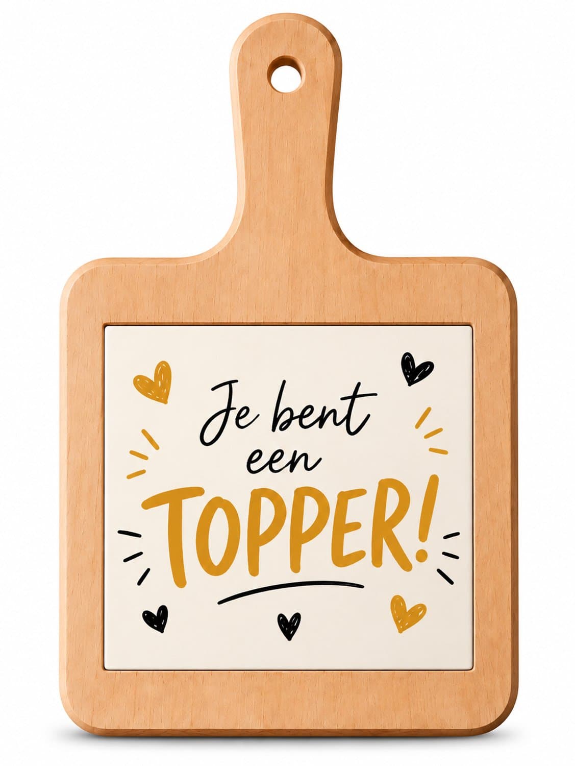 Houten Kaasplank met Bedrukte Tegel “Je bent een Topper!” – 18 x 31 cm