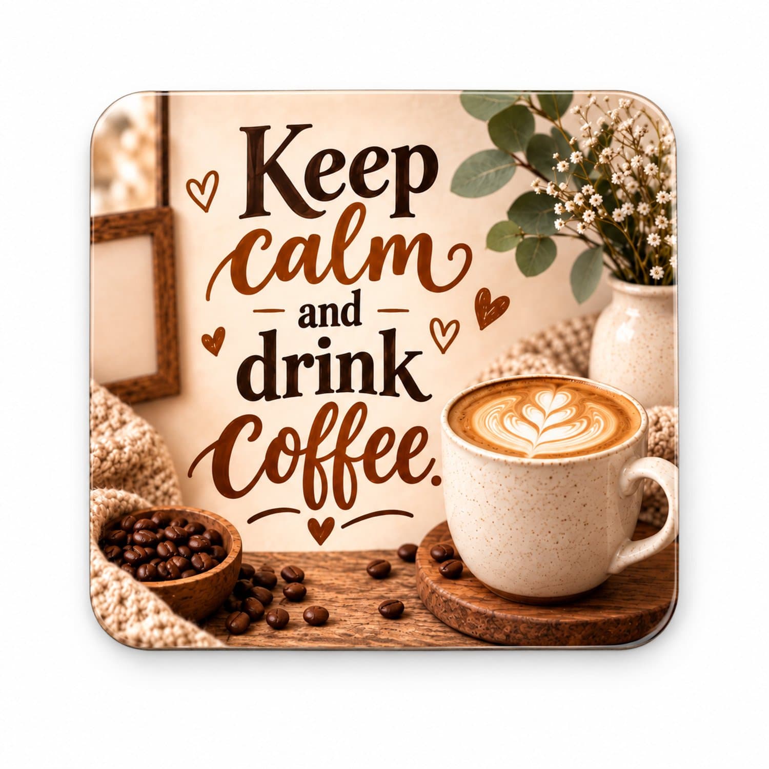 Koffie MDF onderzetter 10 x 10 cm met tekst ‘Keep Calm and Drink Coffee’