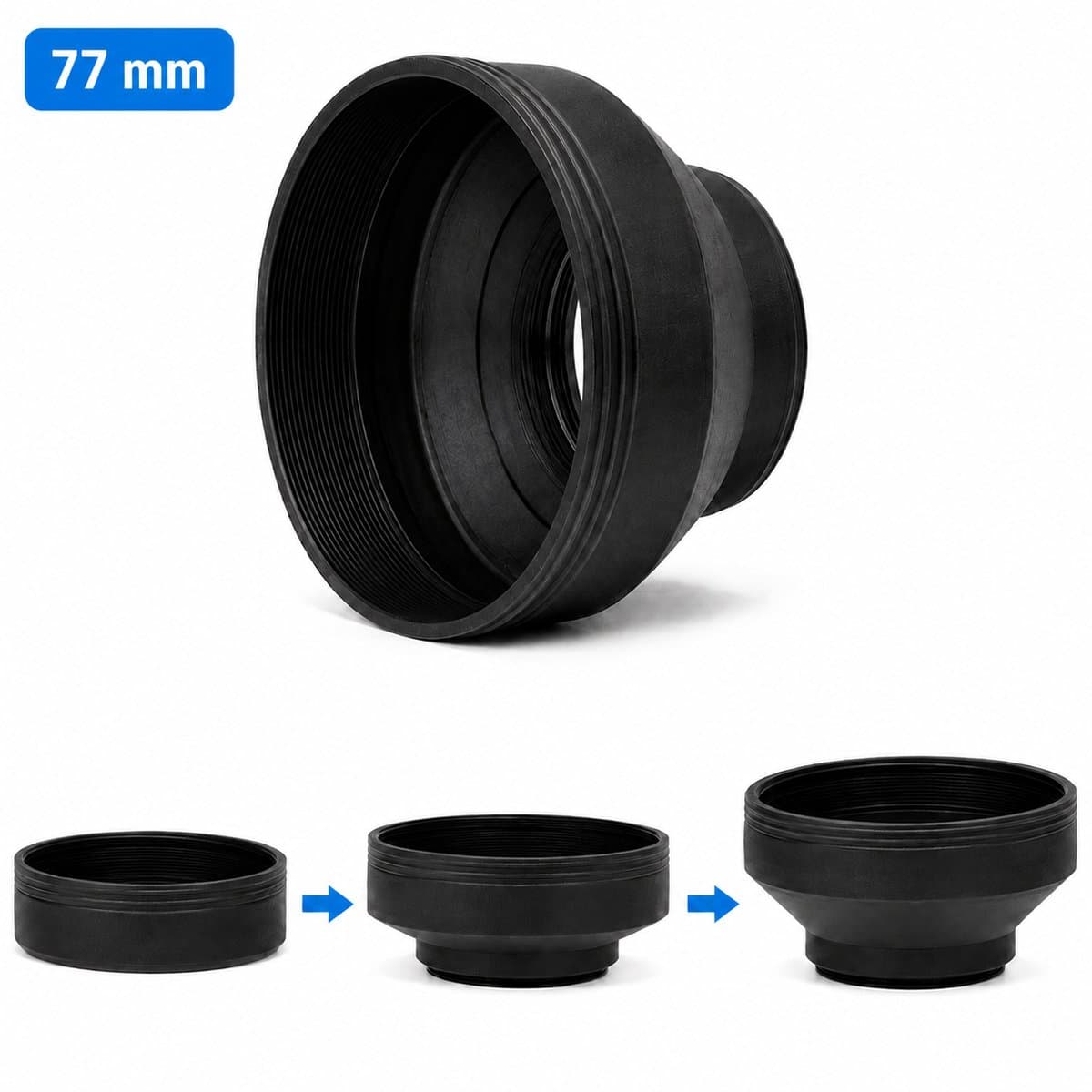 Rubberen Zonnekap 77mm - Opvouwbare Lens Hood in 3 Standen - Anti Flare & Lensbescherming - Voor DSLR en Mirrorless Camera