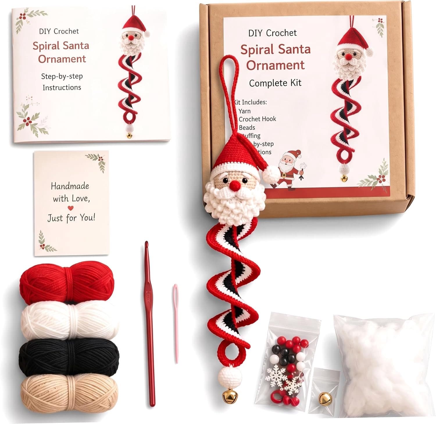 Haakpakket Kerst - DIY Kerst Spiraal Hangers met Wol, Haaknaald & Engelstalige Tekstinstructies - Kerstmis - Kerstmanstijl - Geschikt voor Ervaren Hakers, Kerstboom & Cadeau - Kerstversiering - Kerstcadeau - rood