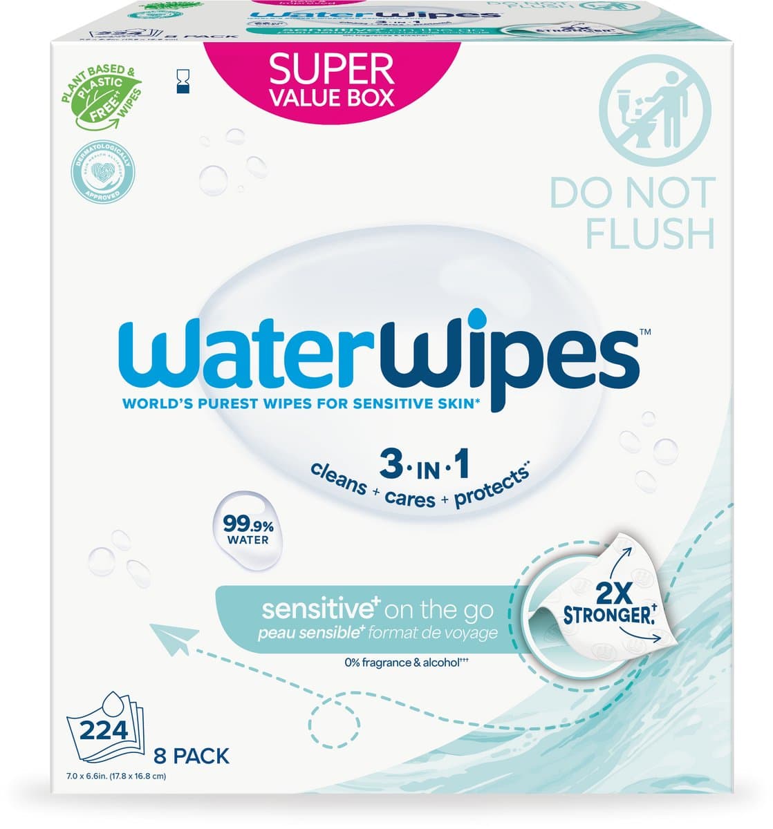 WaterWipes Sensitive On The Go Doekjes – 224 stuks (8 verpakkingen)