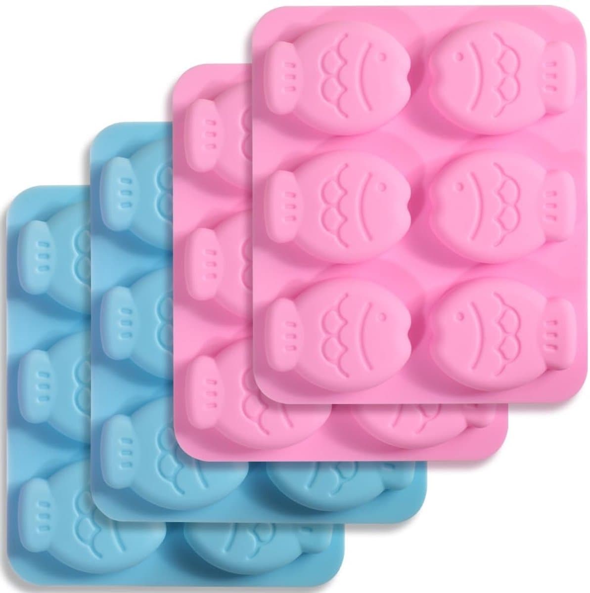 Dailygoods- Siliconen Mal Visvorm - 4 Stuks - Voor Koekjes/Chocolade/IJsblokjes - Creatief Ontwerp - Roze/Blauw - Afmetingen 16,5 x 13,9 x 1,8 cm - Bakvorm